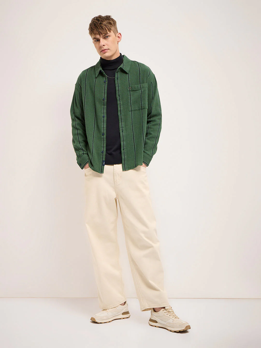 Men Green Vertical Stripe Relax Fit Casual Shirt - Image 5