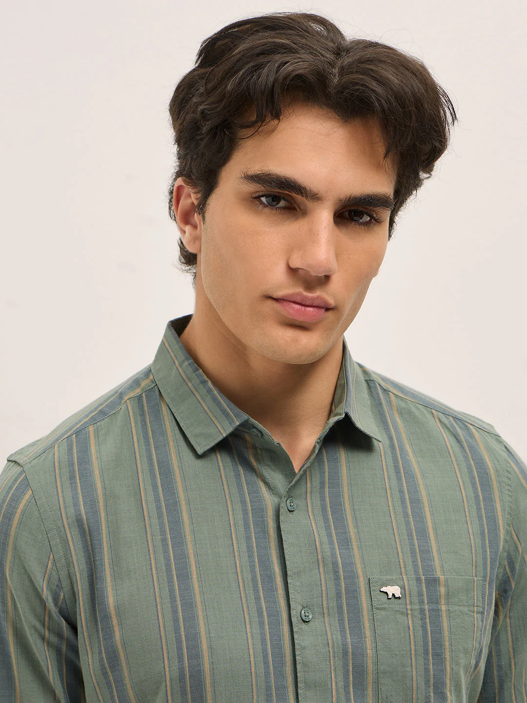 Men Green Vertical Stripes Slim Fit Casual Shirt - Image 5