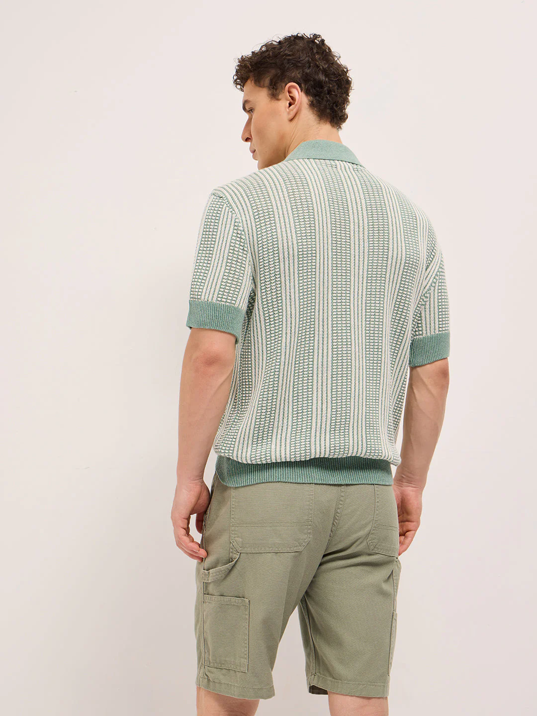 Men Green Vertical Textured Flat Knit Slim Fit Polo Shirt - Image 2