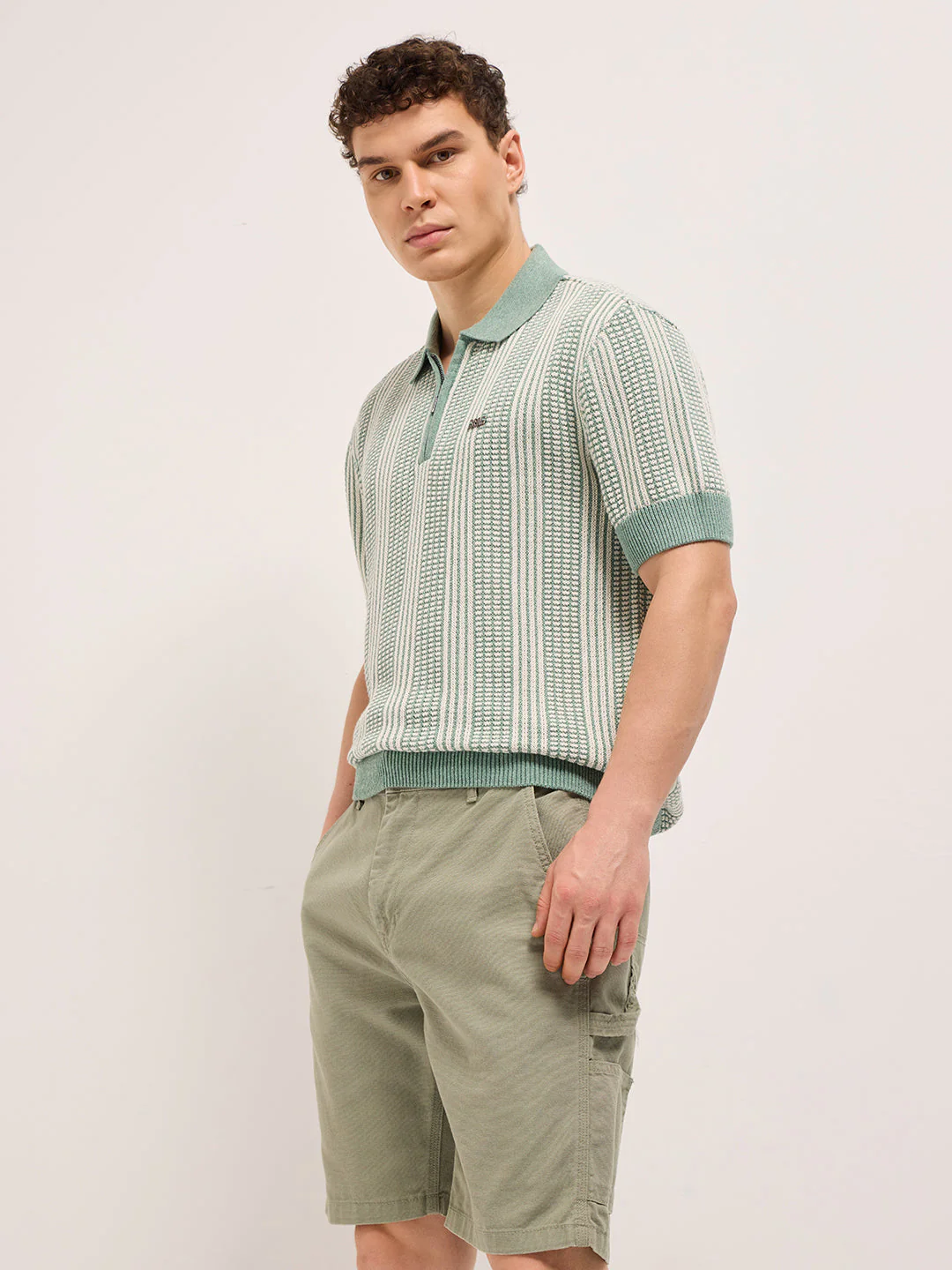 Men Green Vertical Textured Flat Knit Slim Fit Polo Shirt - Image 3