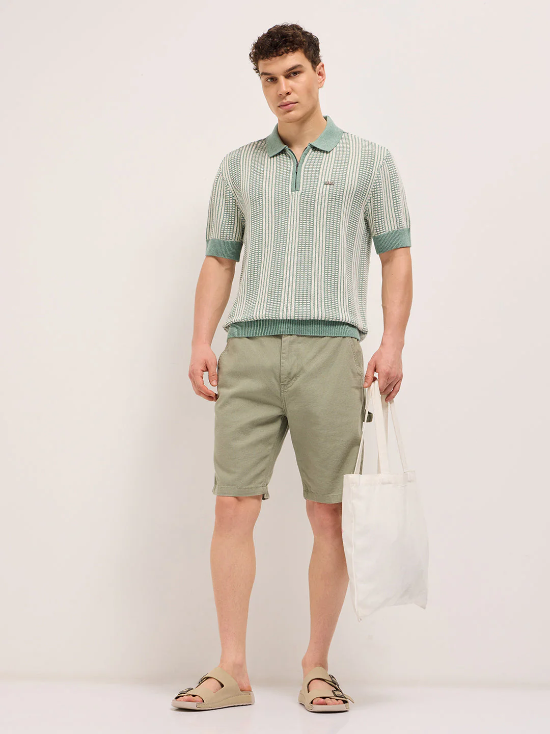 Men Green Vertical Textured Flat Knit Slim Fit Polo Shirt - Image 4