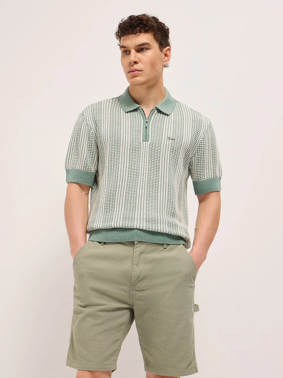 Men Green Vertical Textured Flat Knit Slim Fit Polo Shirt - Image 6