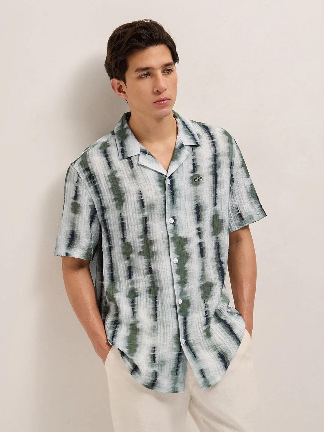 Men Green Viscose Abstract print Relaxed Fit Cuban Collar Shirt - Image 3
