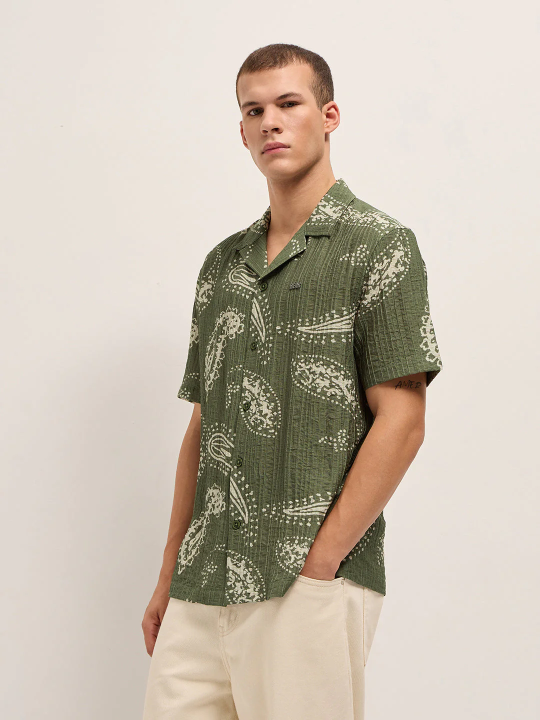 Men Green Viscose Paisley Print Relaxed Fit Cuban Collar Shirt - Image 3