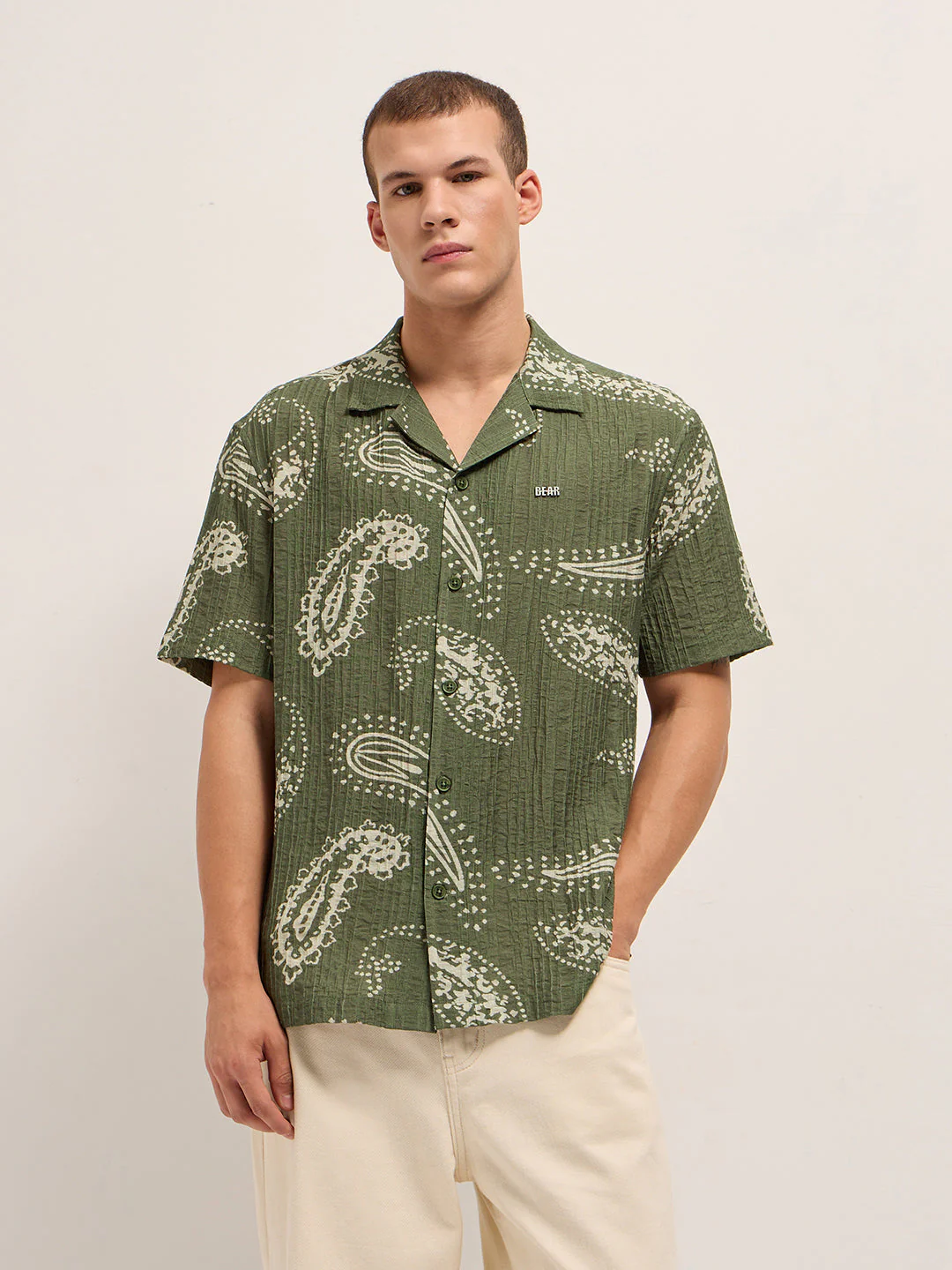 Men Green Viscose Paisley Print Relaxed Fit Cuban Collar Shirt - Image 5