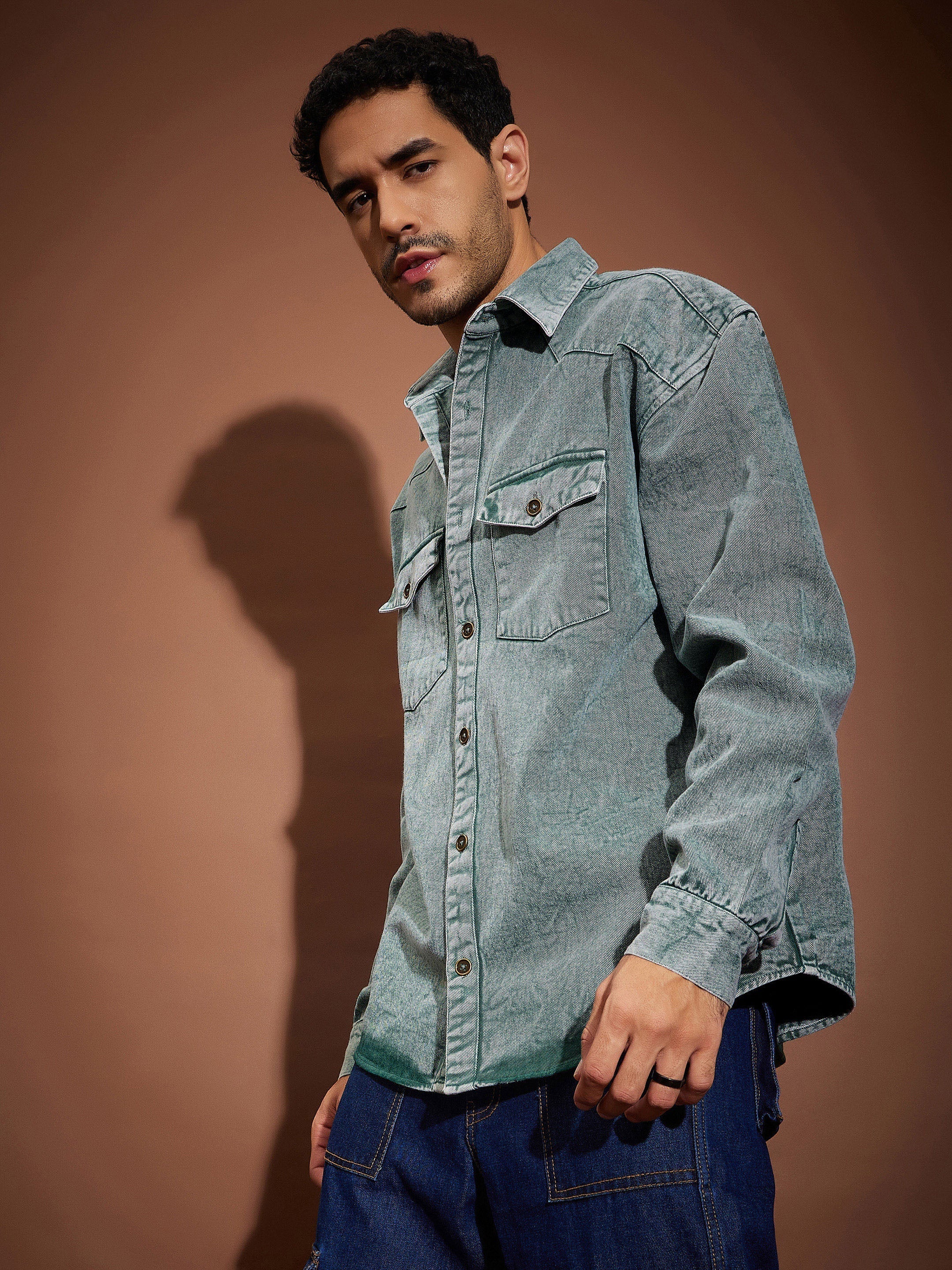 Men Green Washed Denim Oversized Shirt - Image 3