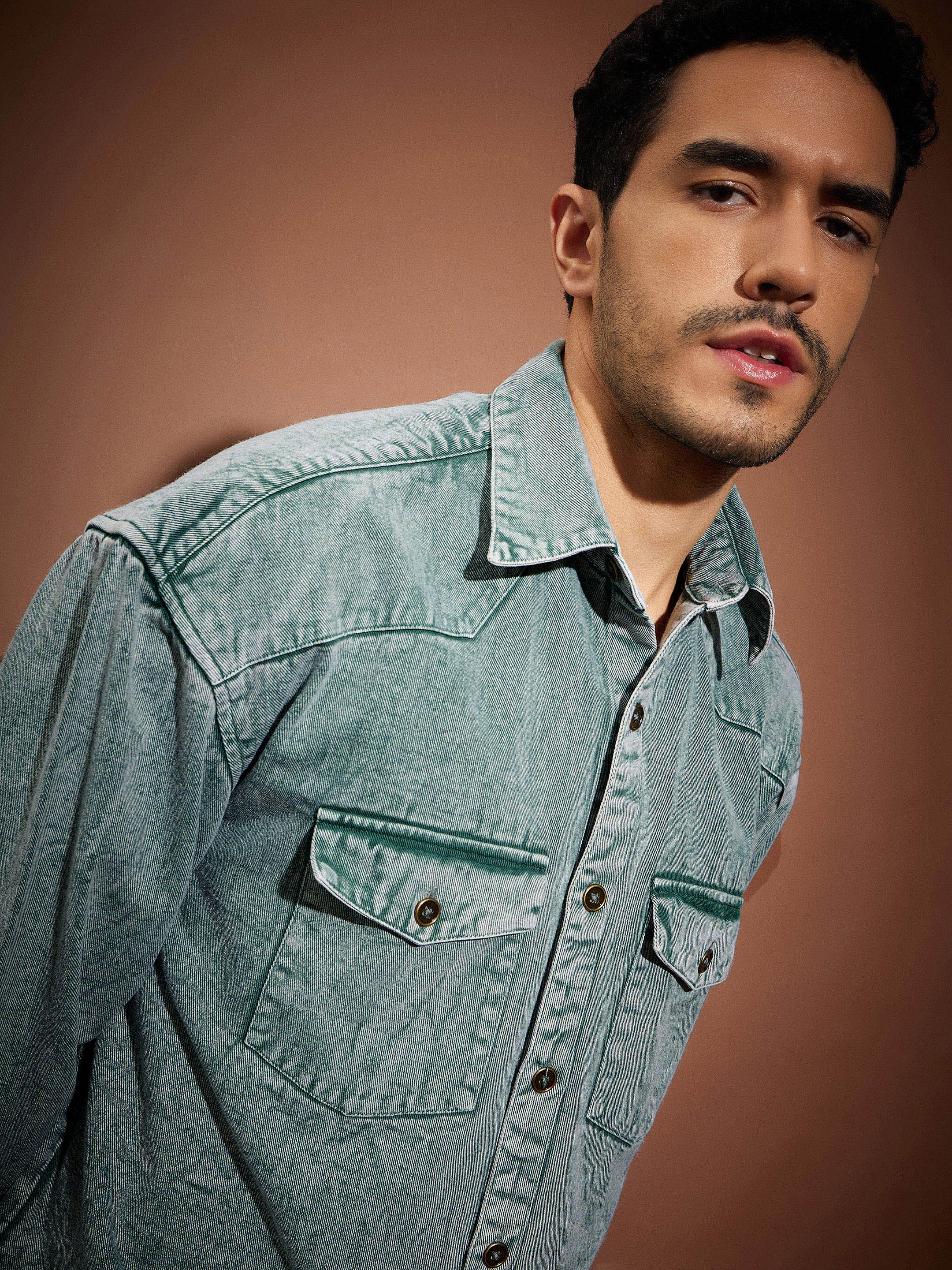Men Green Washed Denim Oversized Shirt - Image 4