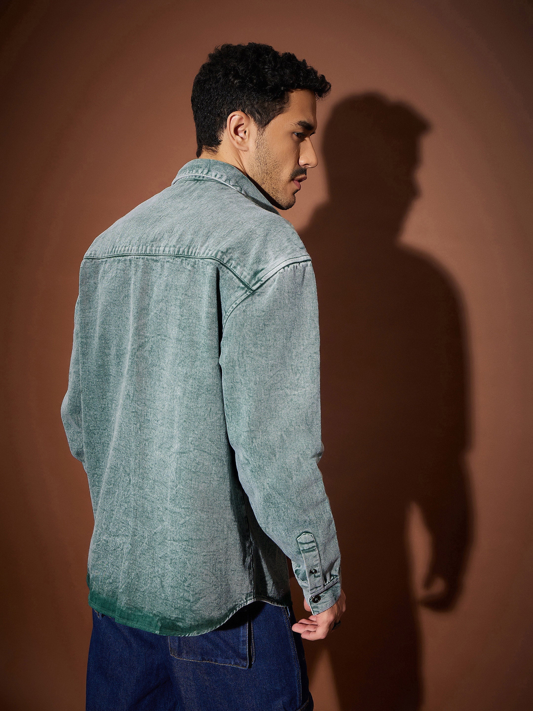 Men Green Washed Denim Oversized Shirt - Image 5