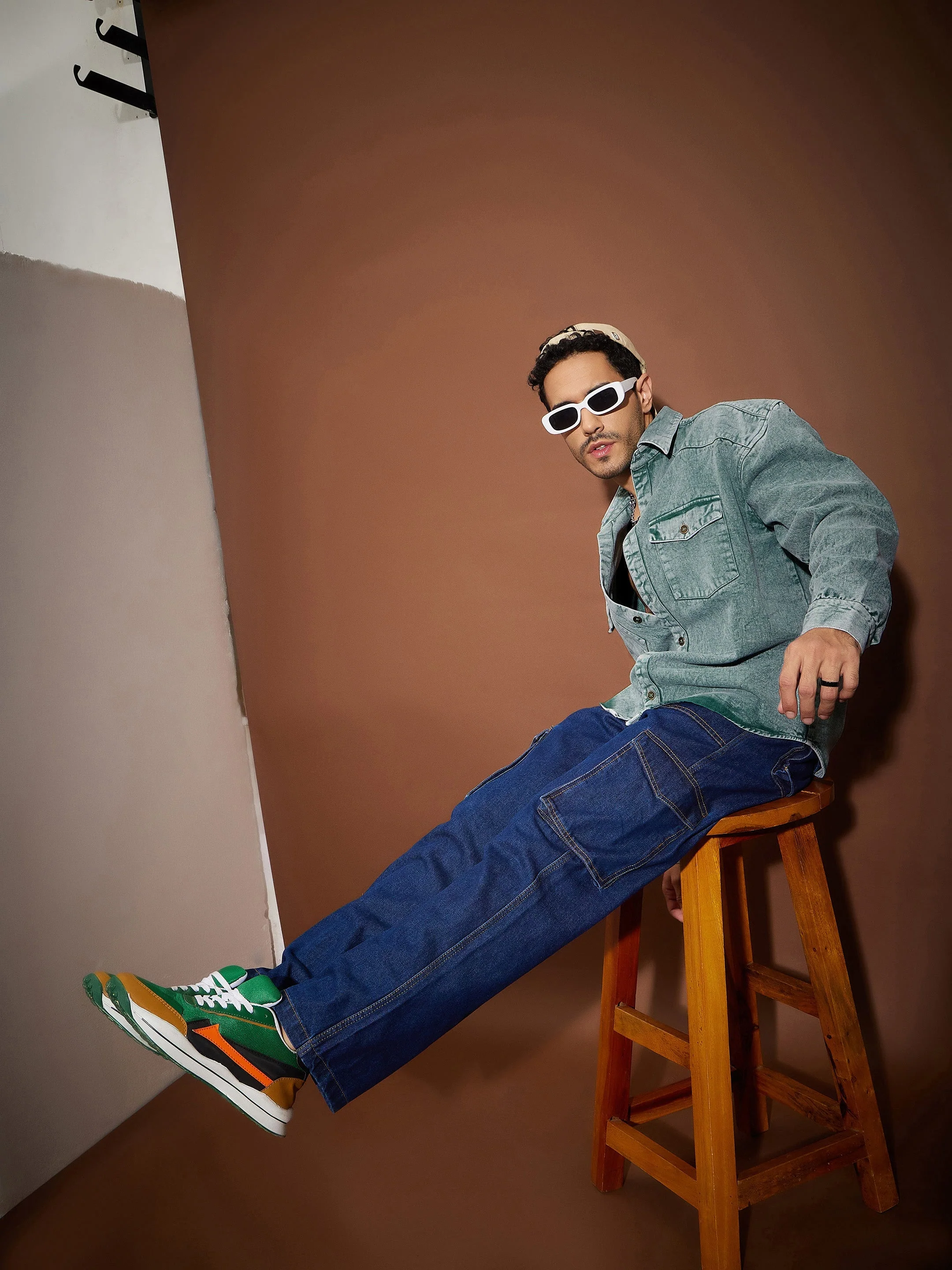Men Green Washed Denim Oversized Shirt - Image 6