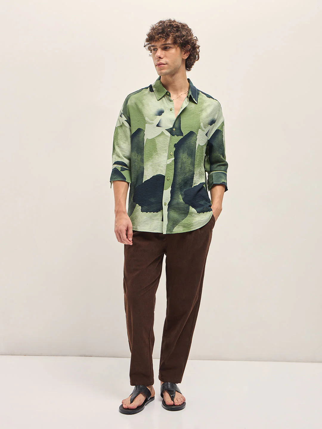Men Green Watercolor Camouflage Print Relax Fit Overshirt - Image 4