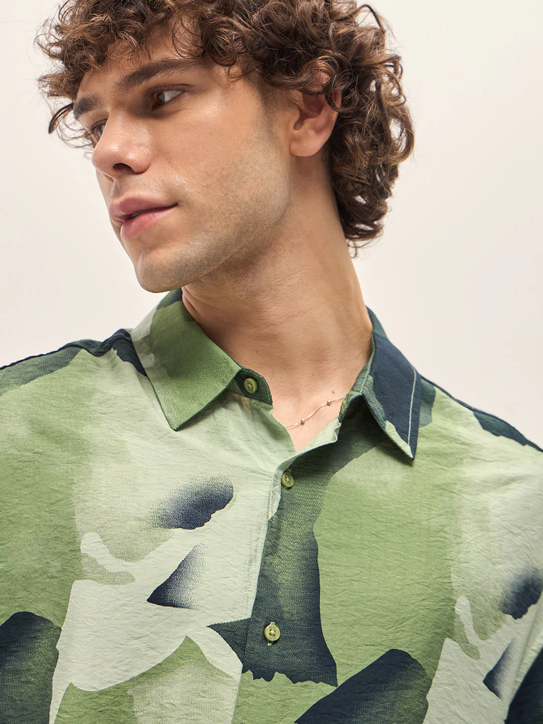 Men Green Watercolor Camouflage Print Relax Fit Overshirt - Image 5