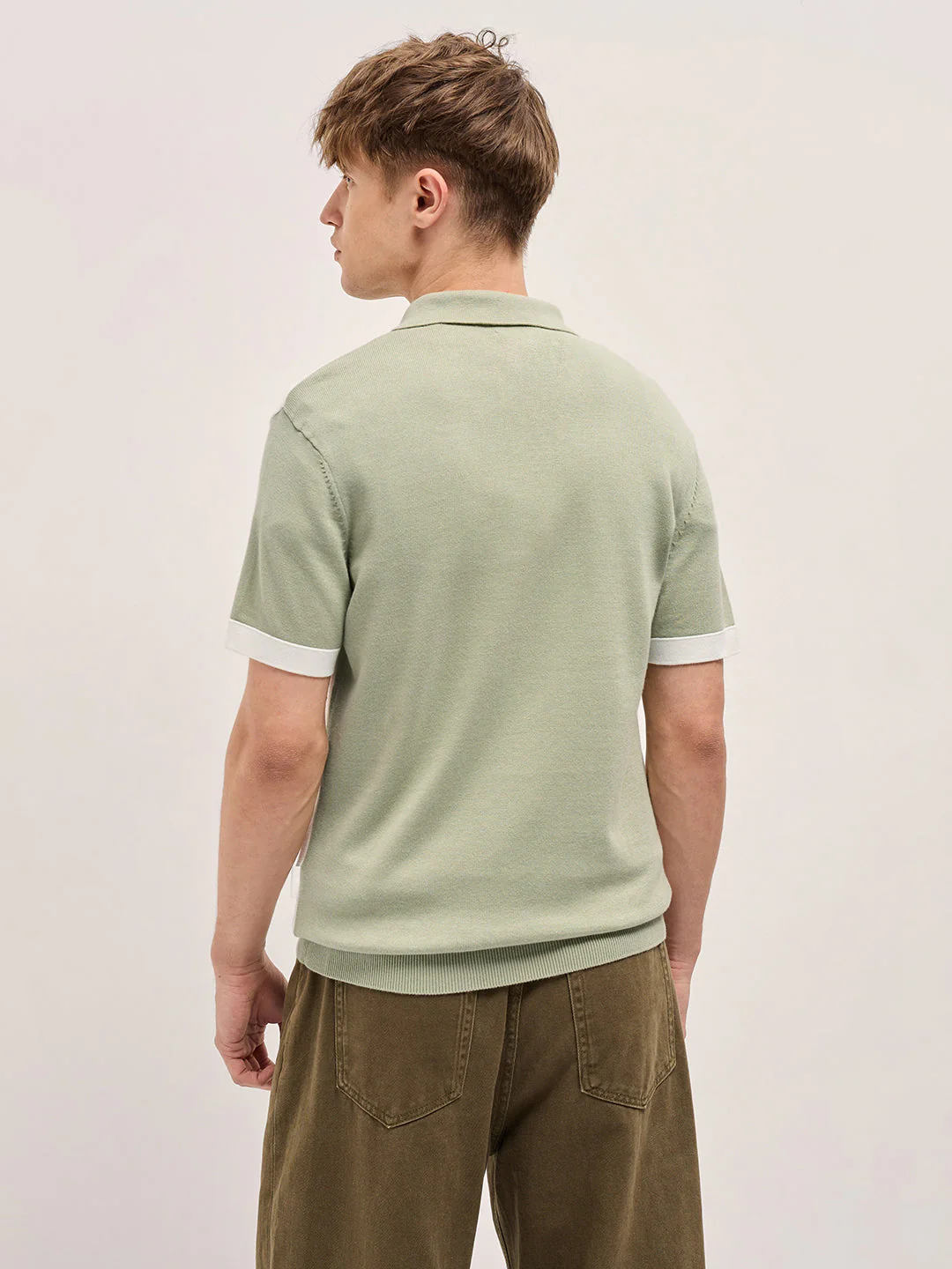 Men Green & White Color Block Knit Design Regular Fit Polo - Image 2