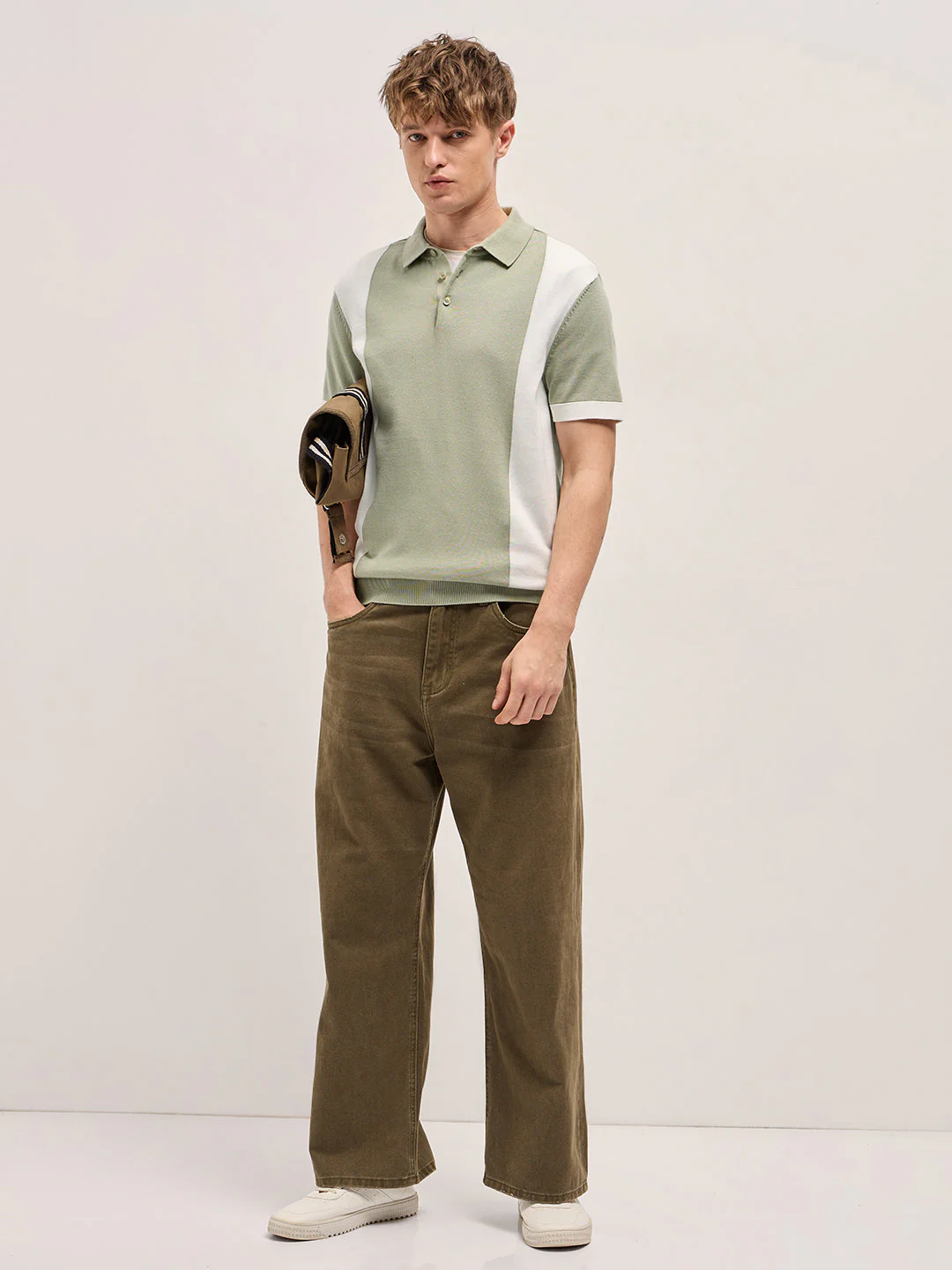 Men Green & White Color Block Knit Design Regular Fit Polo - Image 4