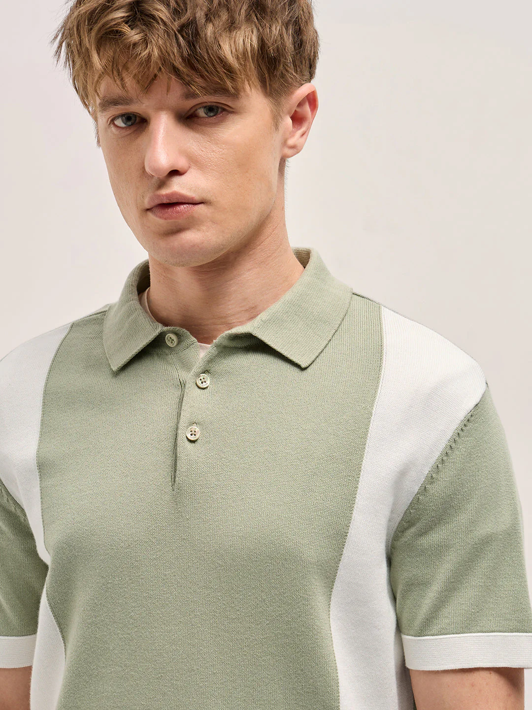 Men Green & White Color Block Knit Design Regular Fit Polo - Image 5