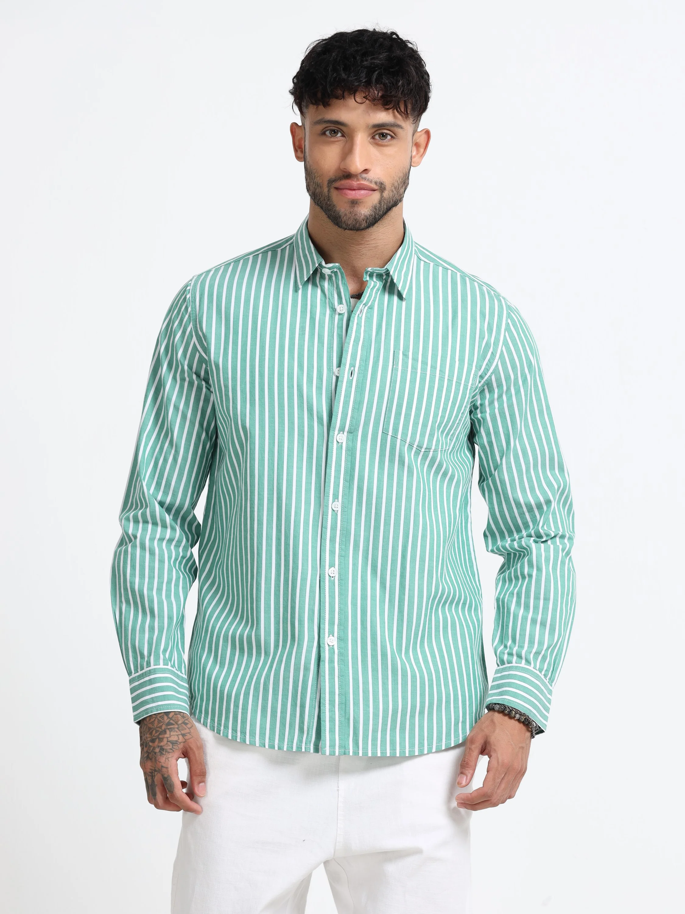 Men Green & White Stripe Shirt - Image 2
