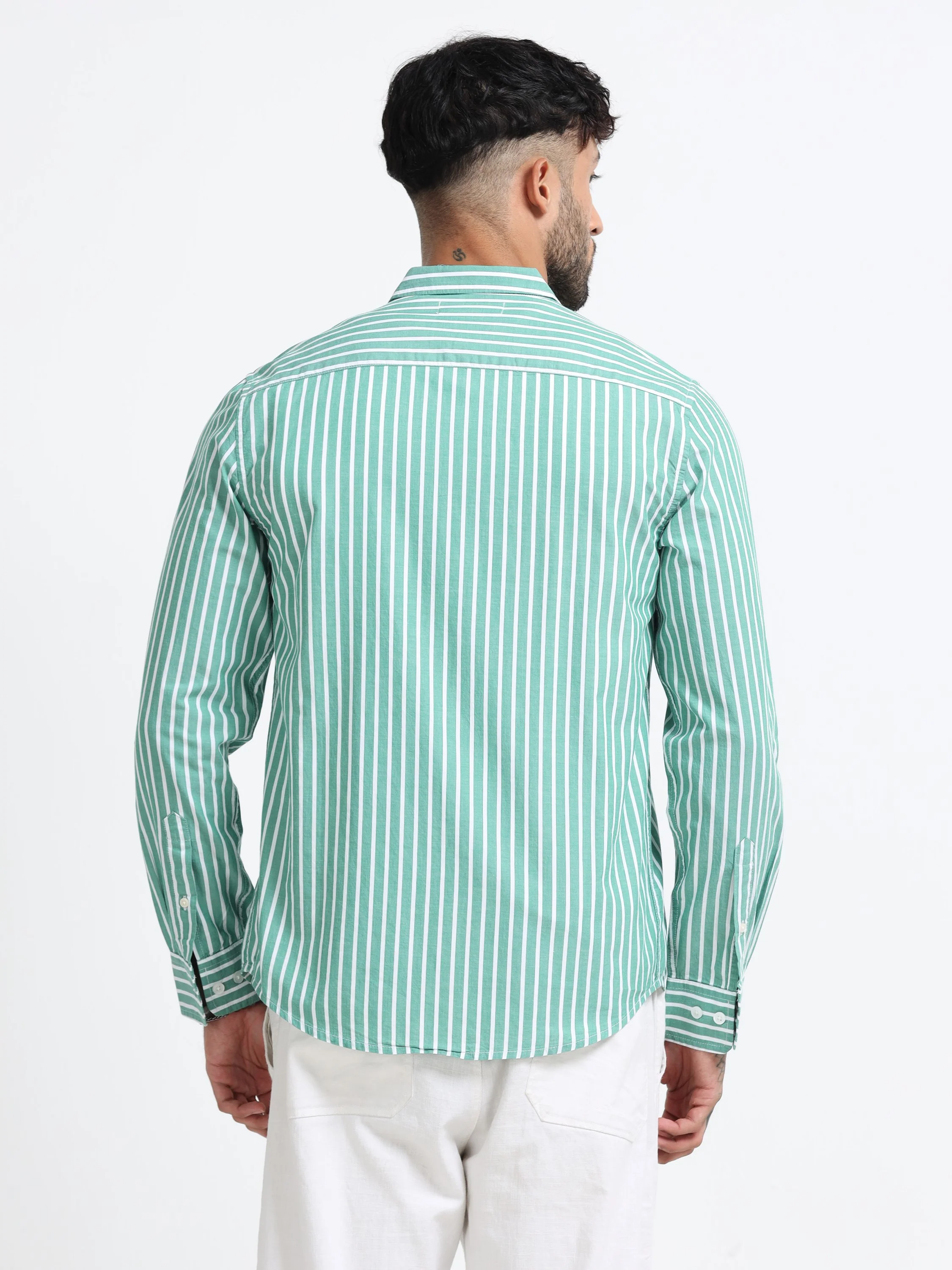 Men Green & White Stripe Shirt - Image 3