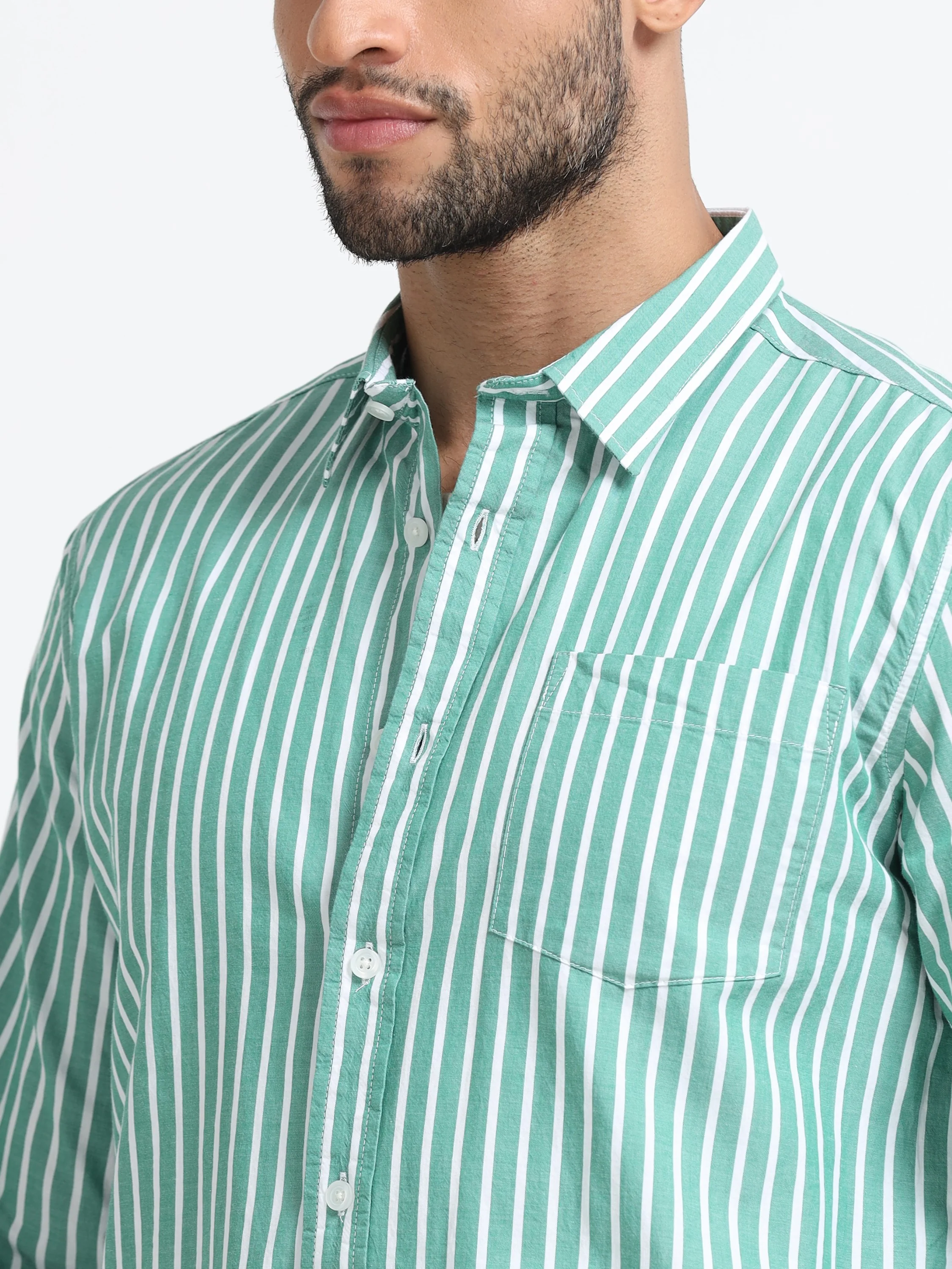 Men Green & White Stripe Shirt - Image 5