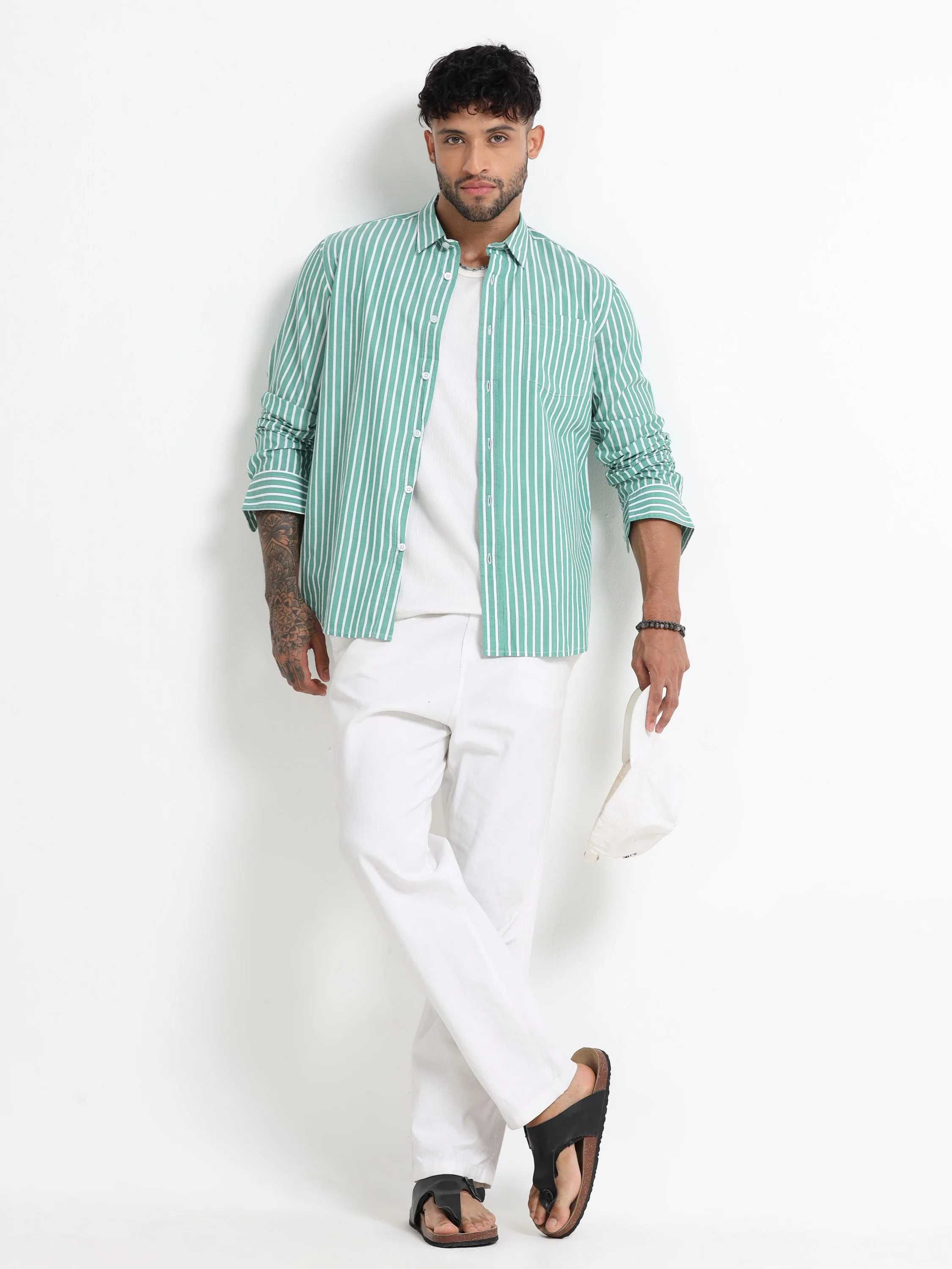 Men Green & White Stripe Shirt - Image 6