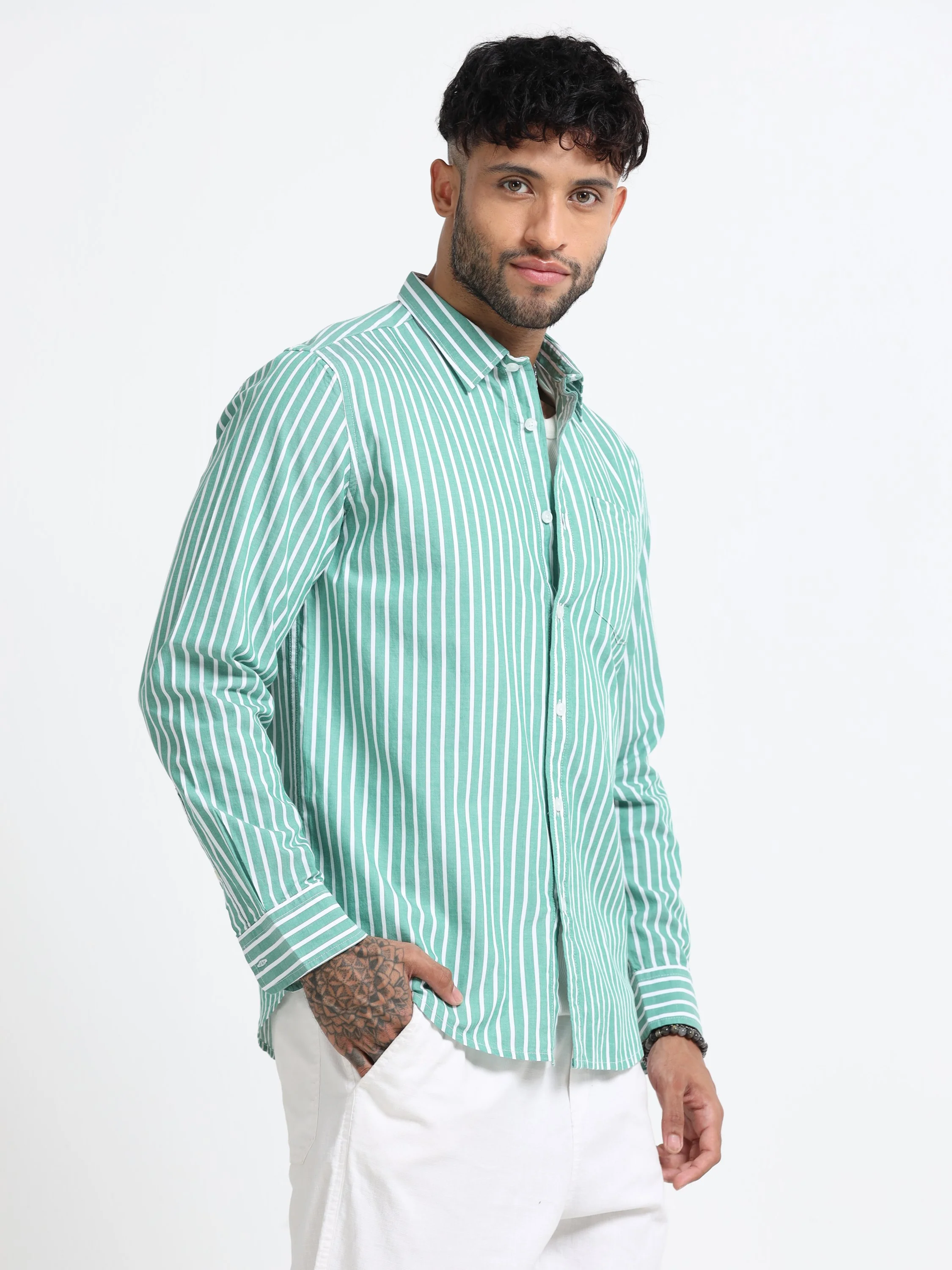 Men Green & White Stripe Shirt - Image 7