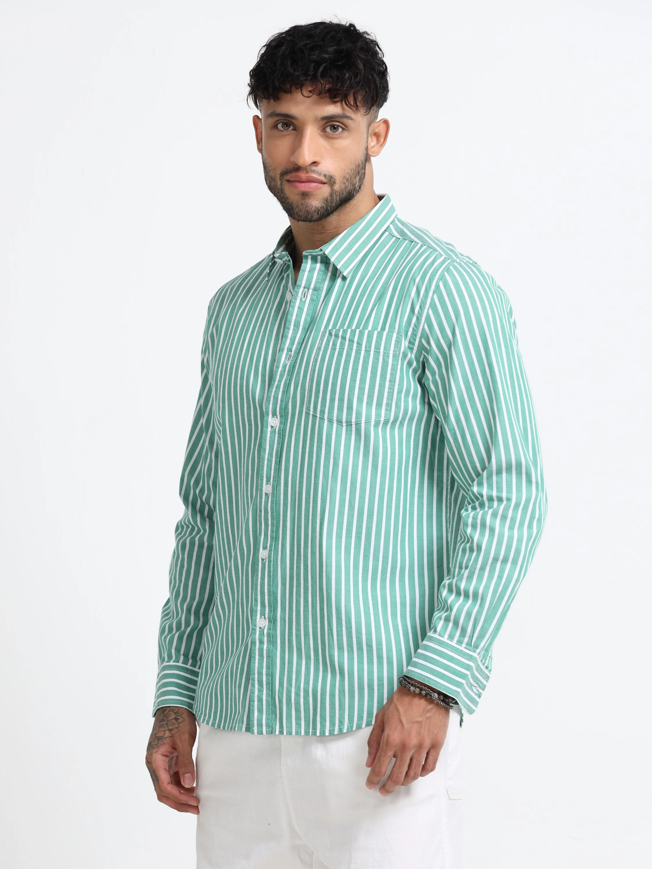 Men Green & White Stripe Shirt - Image 8