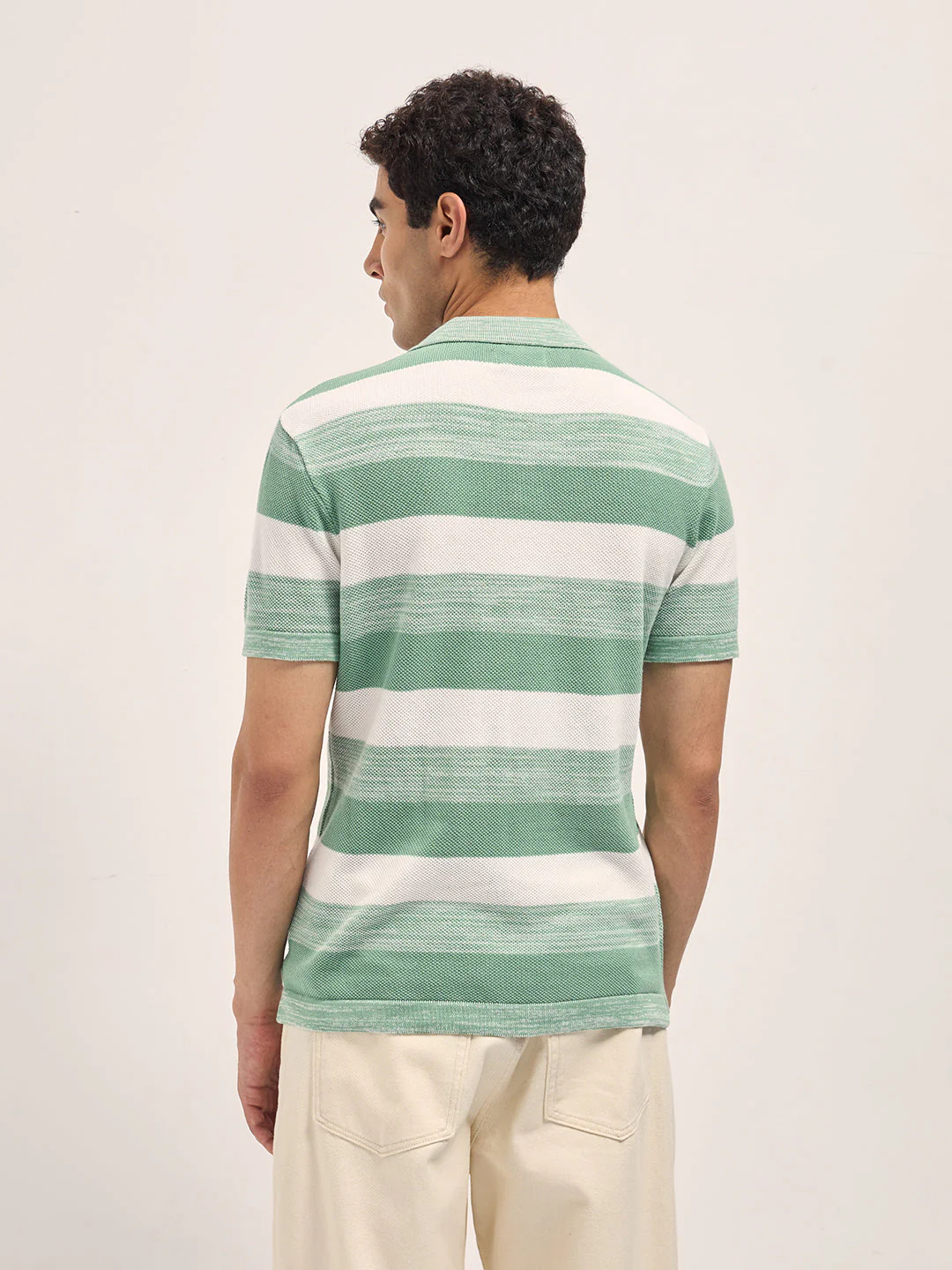 Men Green & White Horizontal Ribbed Stripes Slim Fit Polo - Image 2