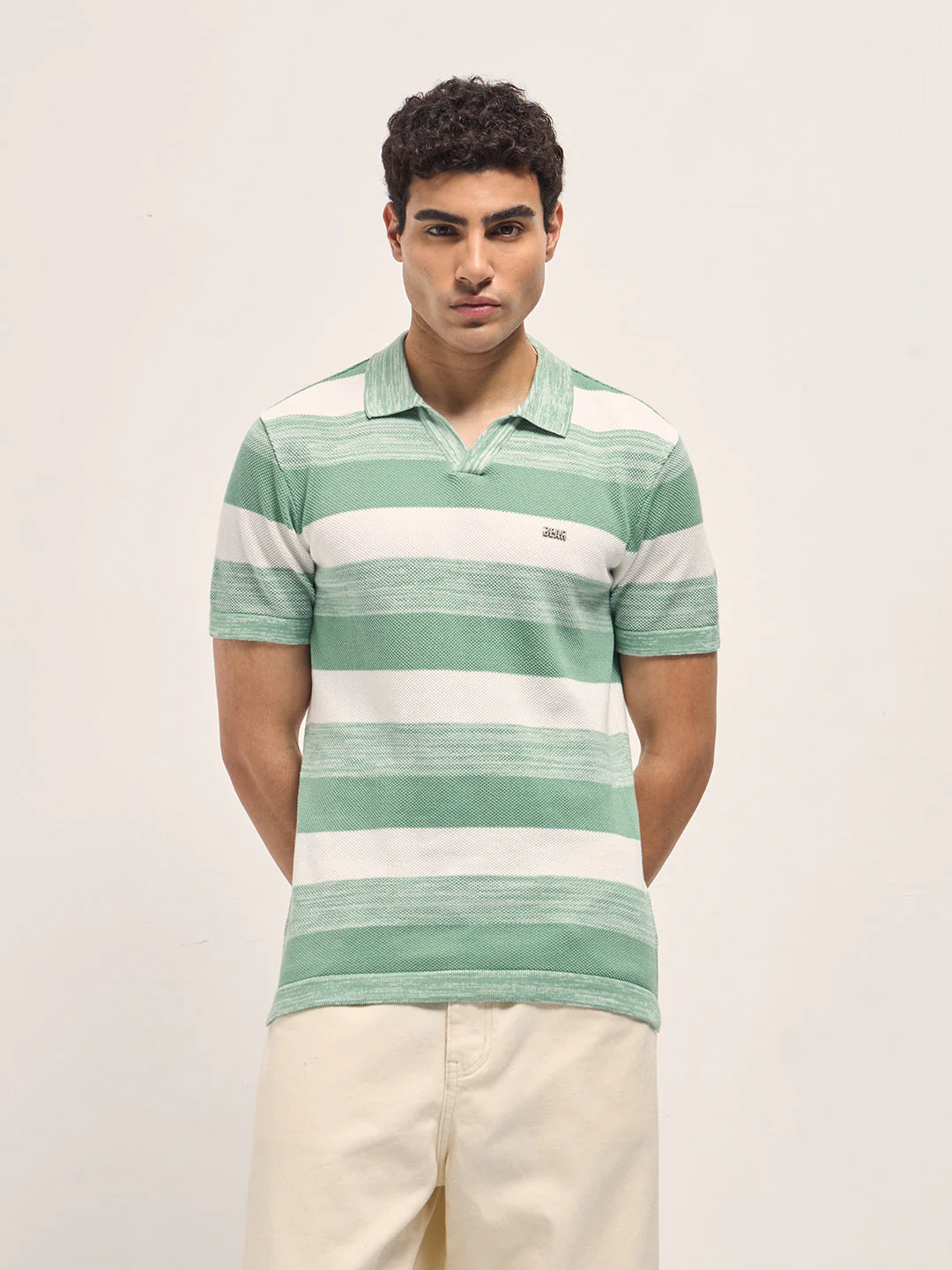 Men Green & White Horizontal Ribbed Stripes Slim Fit Polo - Image 6