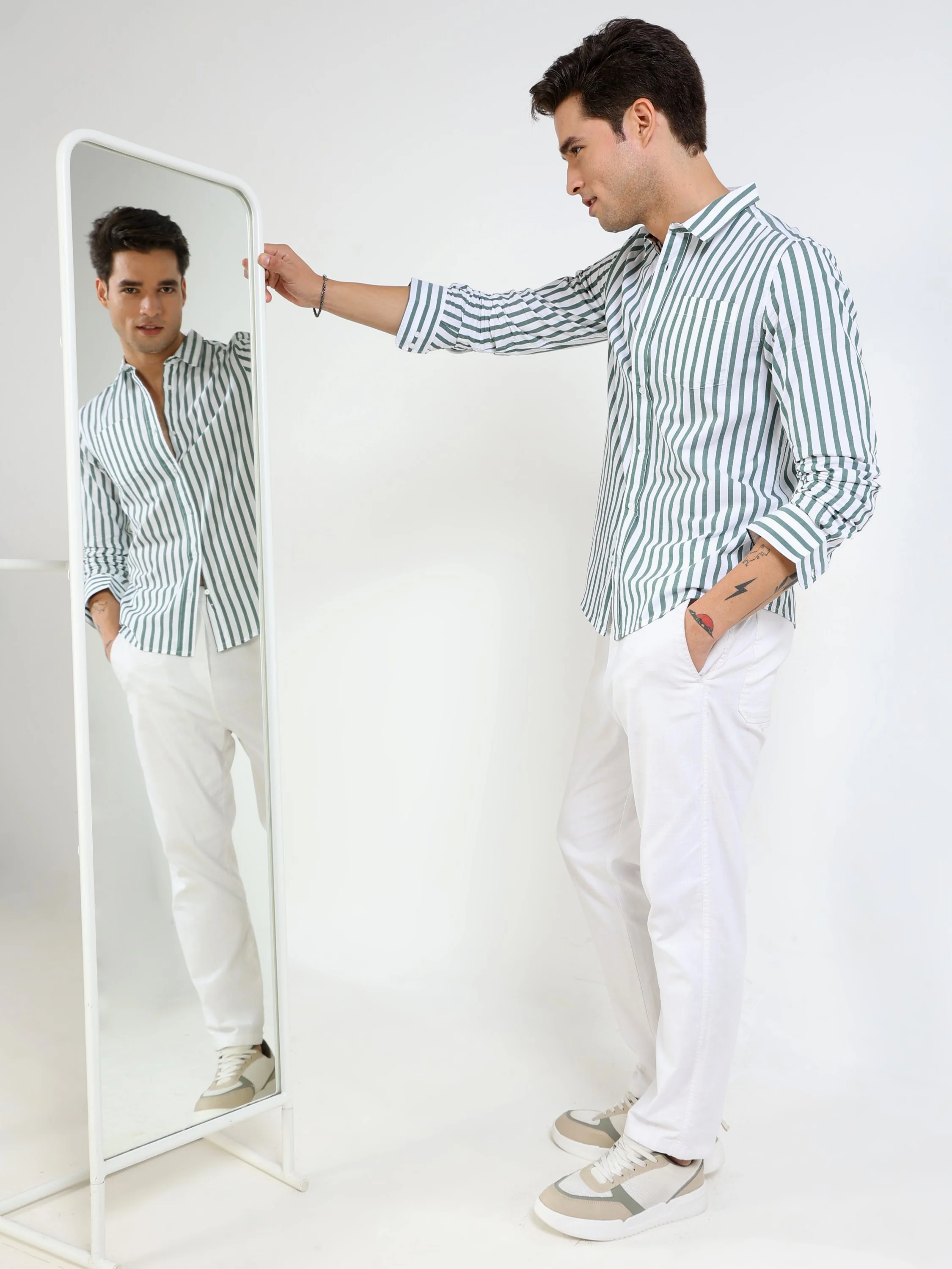 Men Green & White Stripe Shirt - Image 2