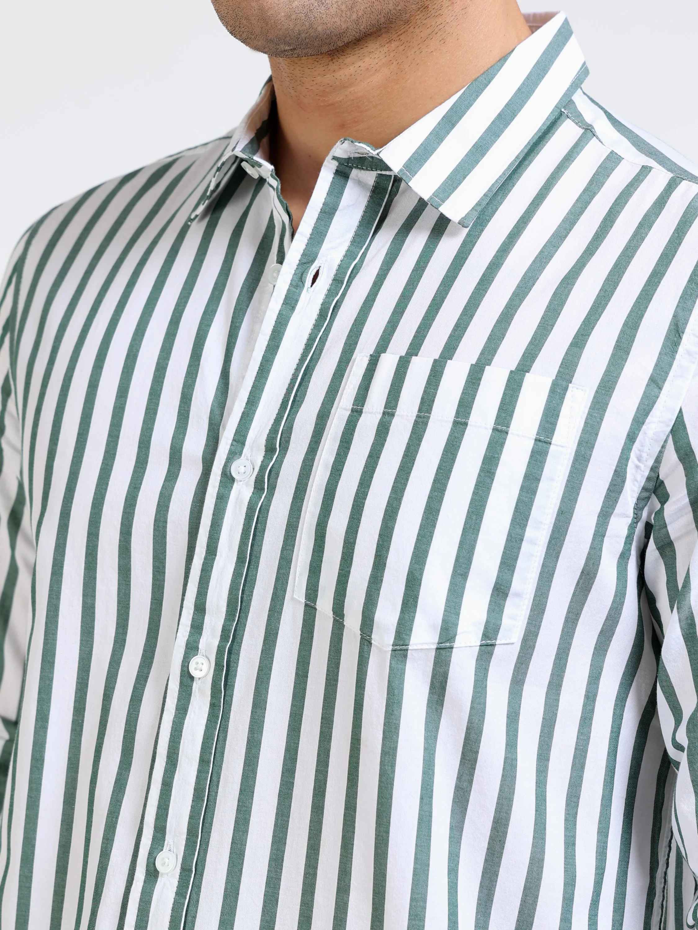 Men Green & White Stripe Shirt - Image 3