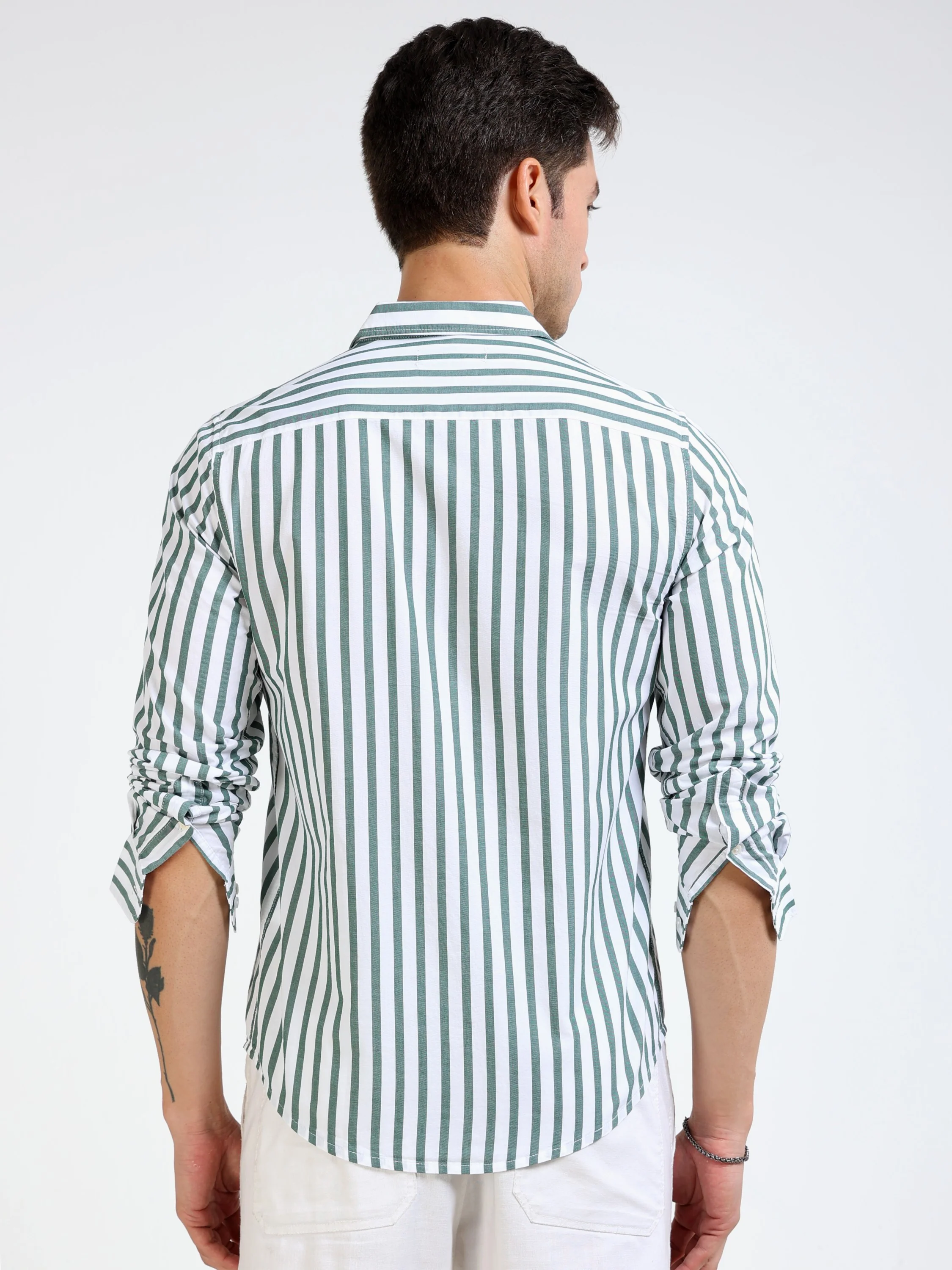 Men Green & White Stripe Shirt - Image 4