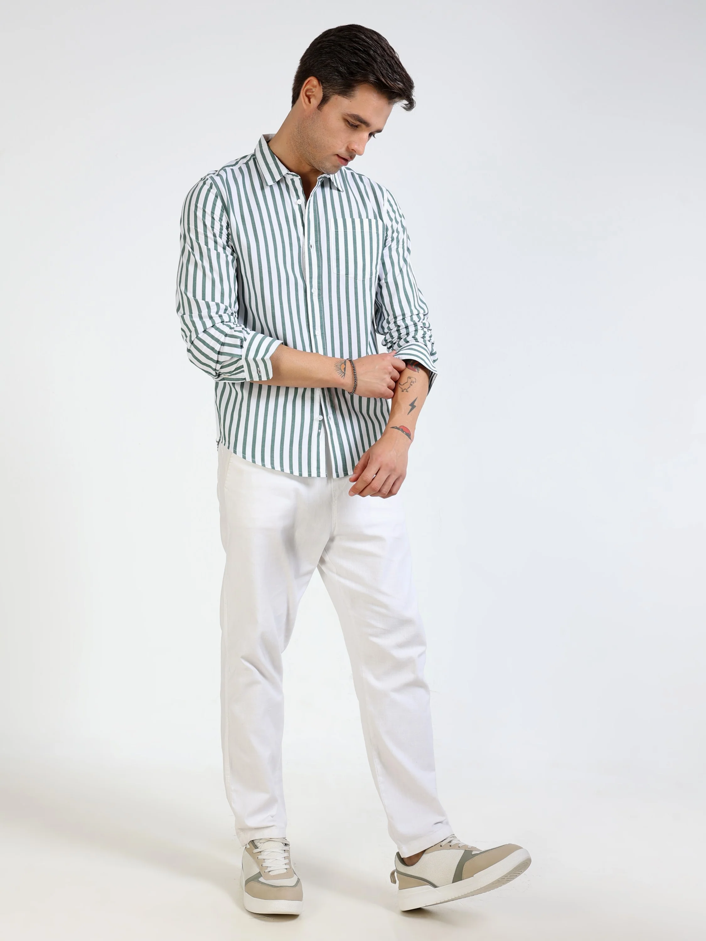 Men Green & White Stripe Shirt - Image 5