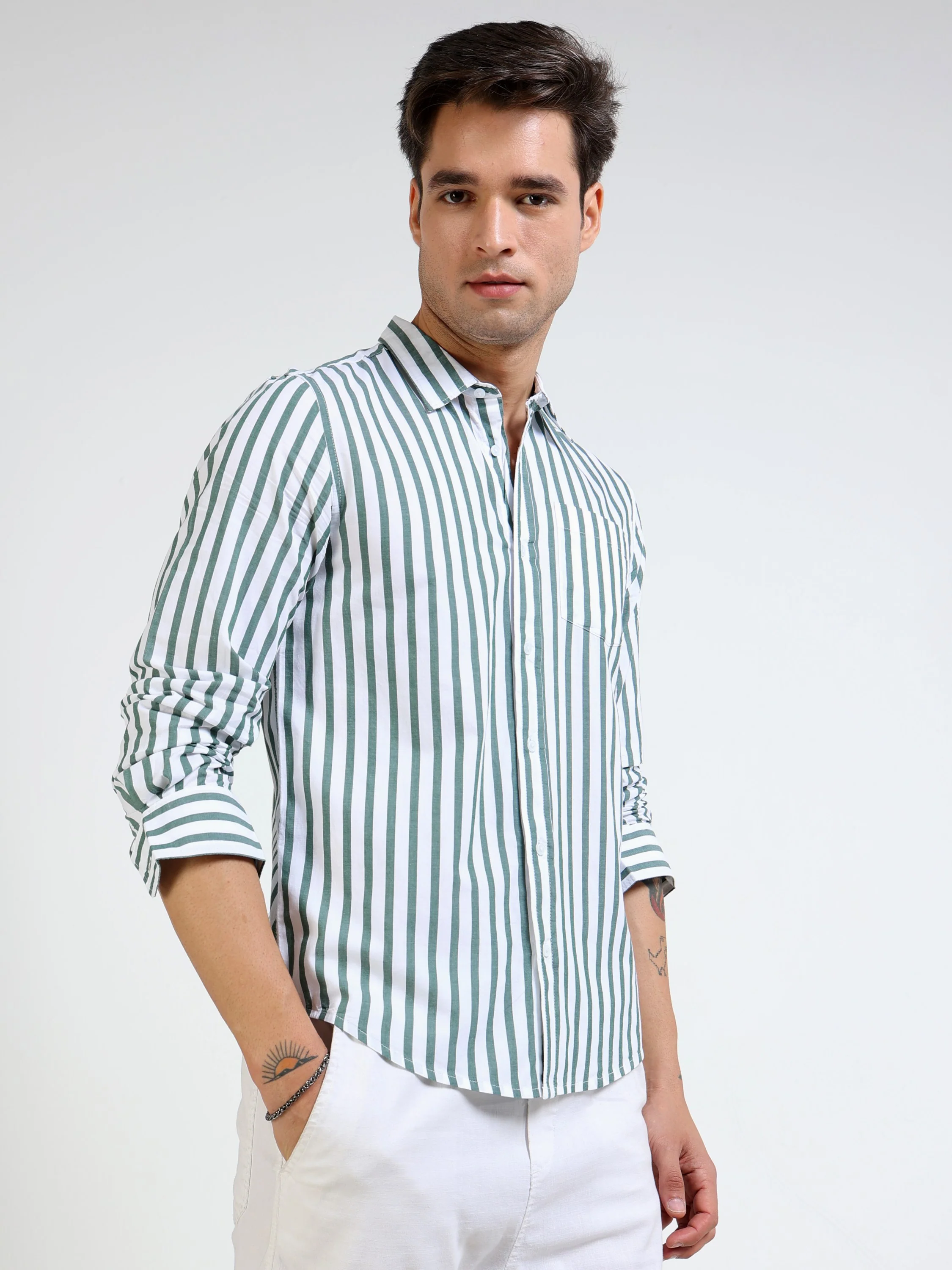 Men Green & White Stripe Shirt - Image 6