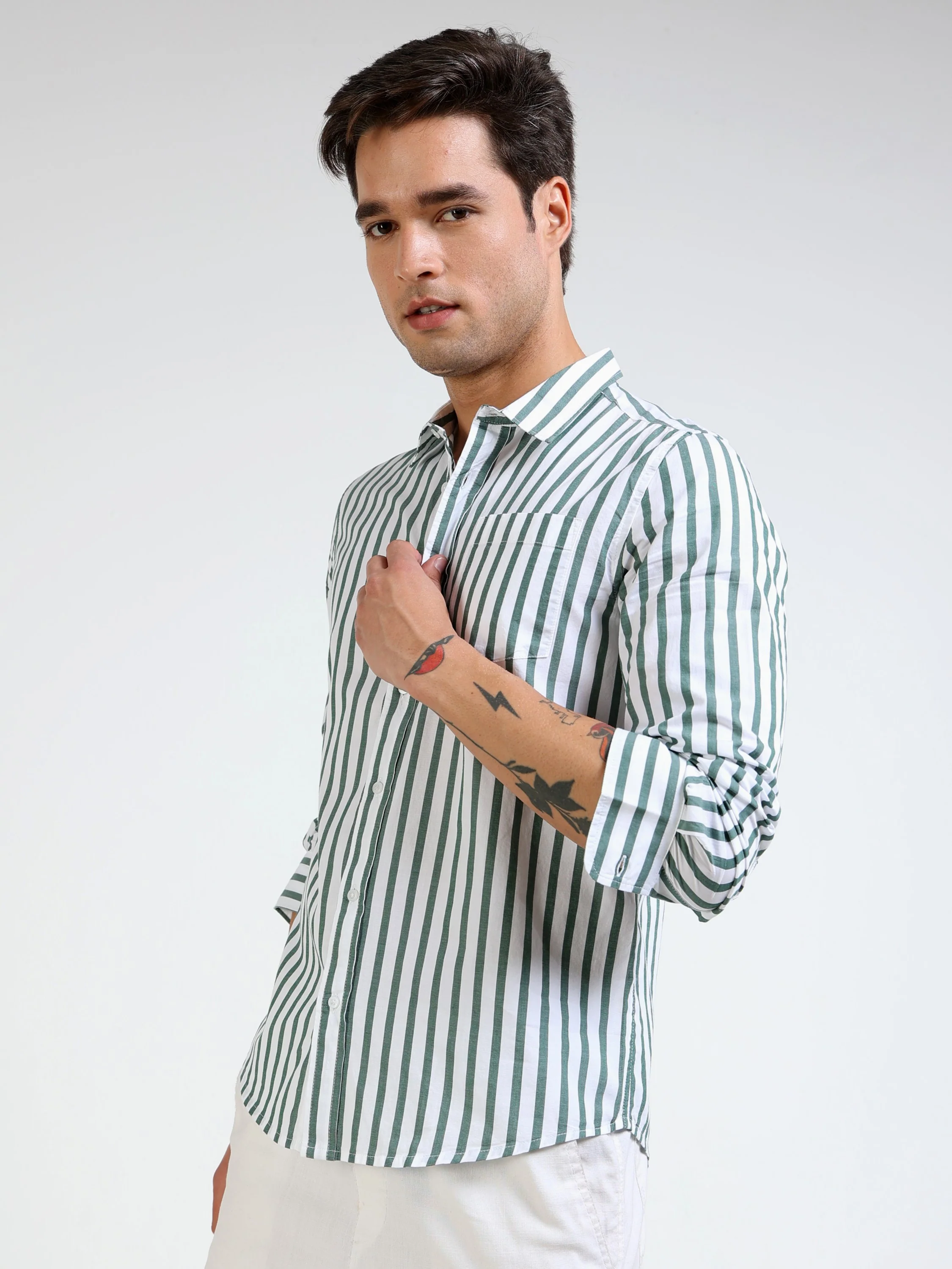 Men Green & White Stripe Shirt - Image 7