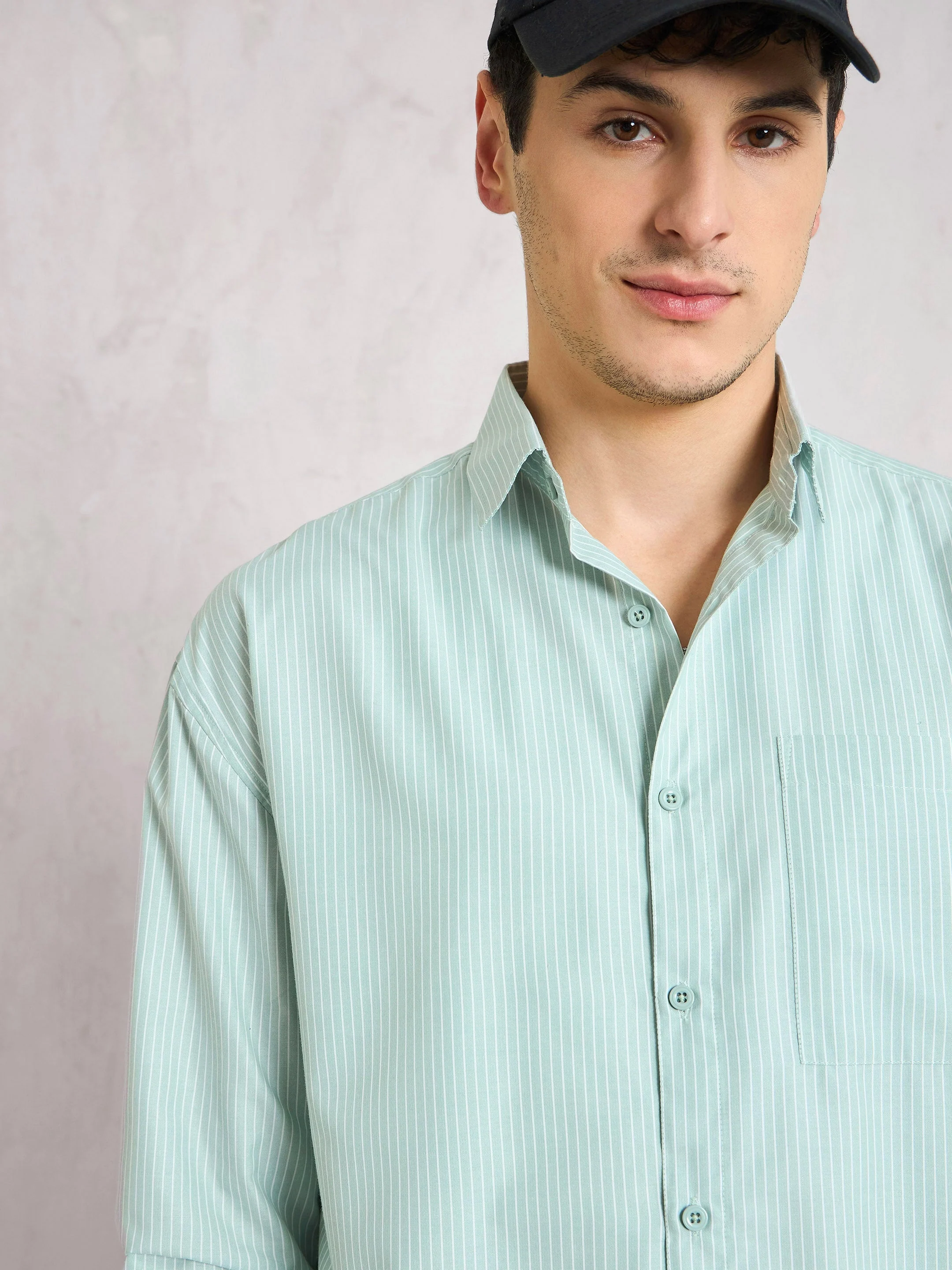 Men Green & White Striped Basic Relax Fit Shirt - Image 3