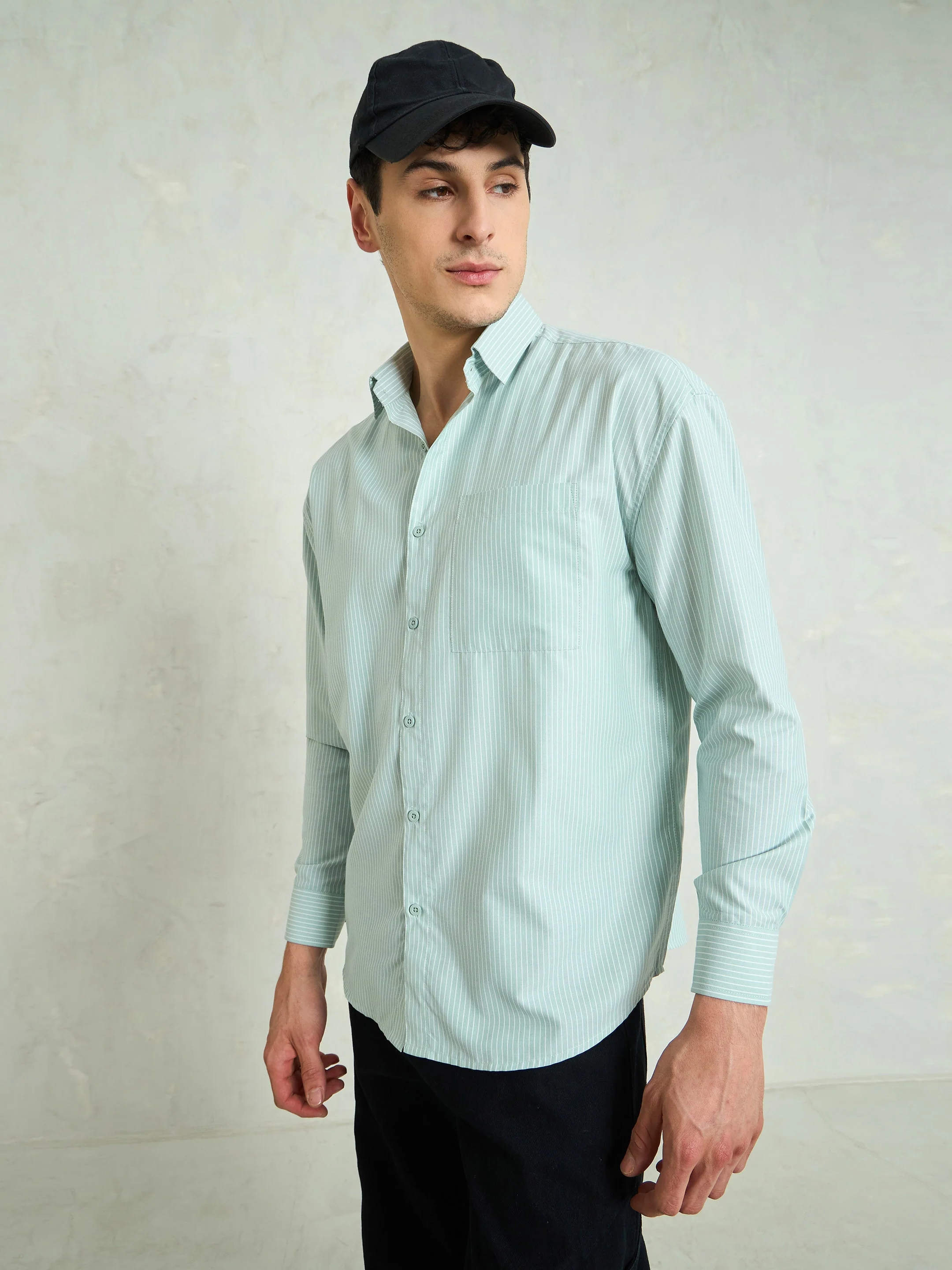 Men Green & White Striped Basic Relax Fit Shirt - Image 4