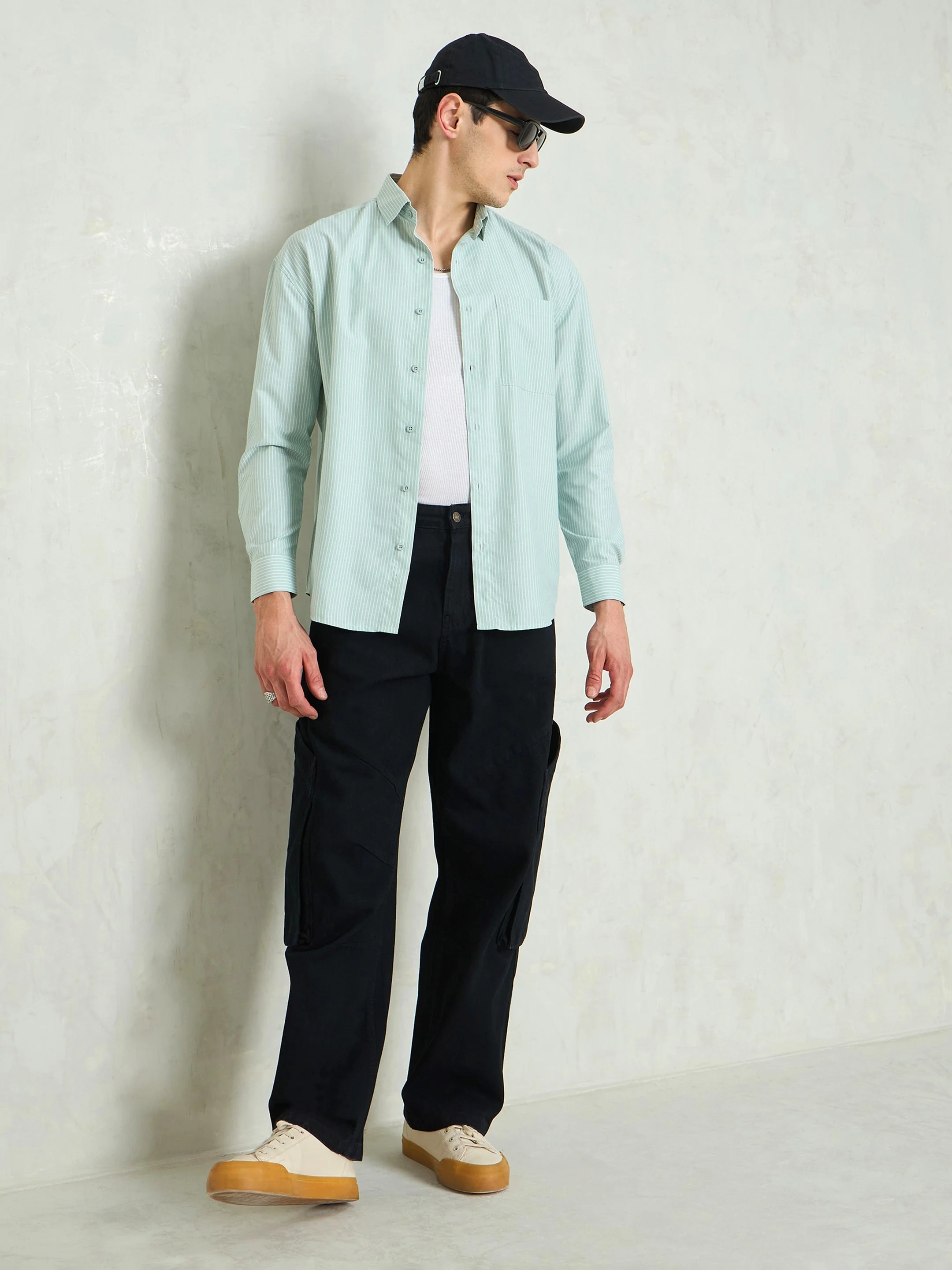 Men Green & White Striped Basic Relax Fit Shirt - Image 5