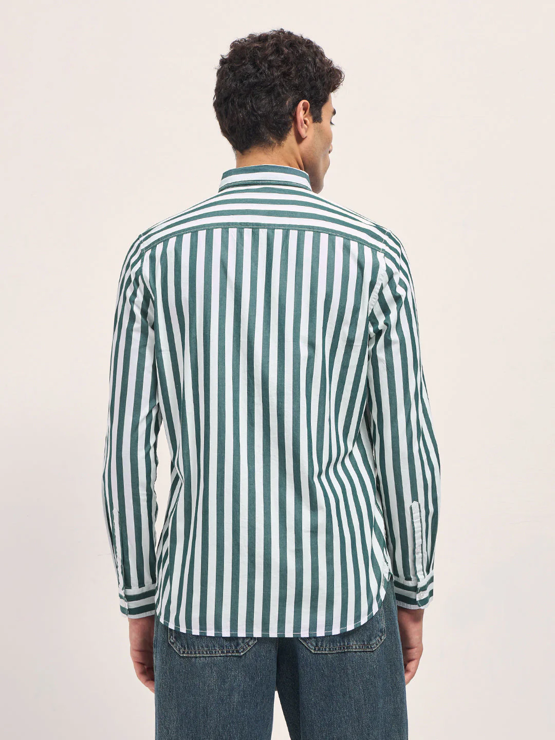 Men Green & White Striped Slim Fit Cotton Casual Shirt - Image 2