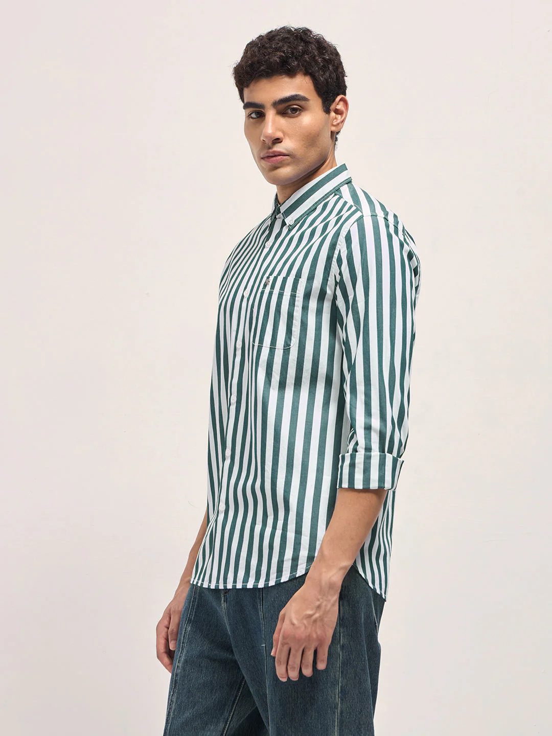 Men Green & White Striped Slim Fit Cotton Casual Shirt - Image 3