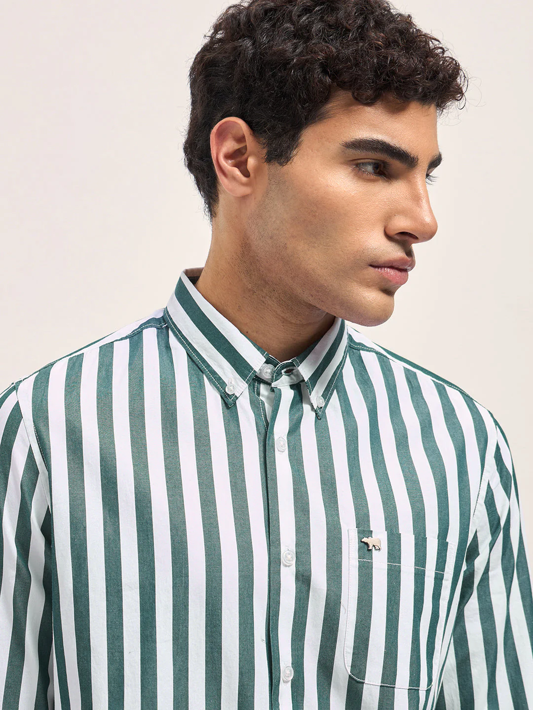 Men Green & White Striped Slim Fit Cotton Casual Shirt - Image 5