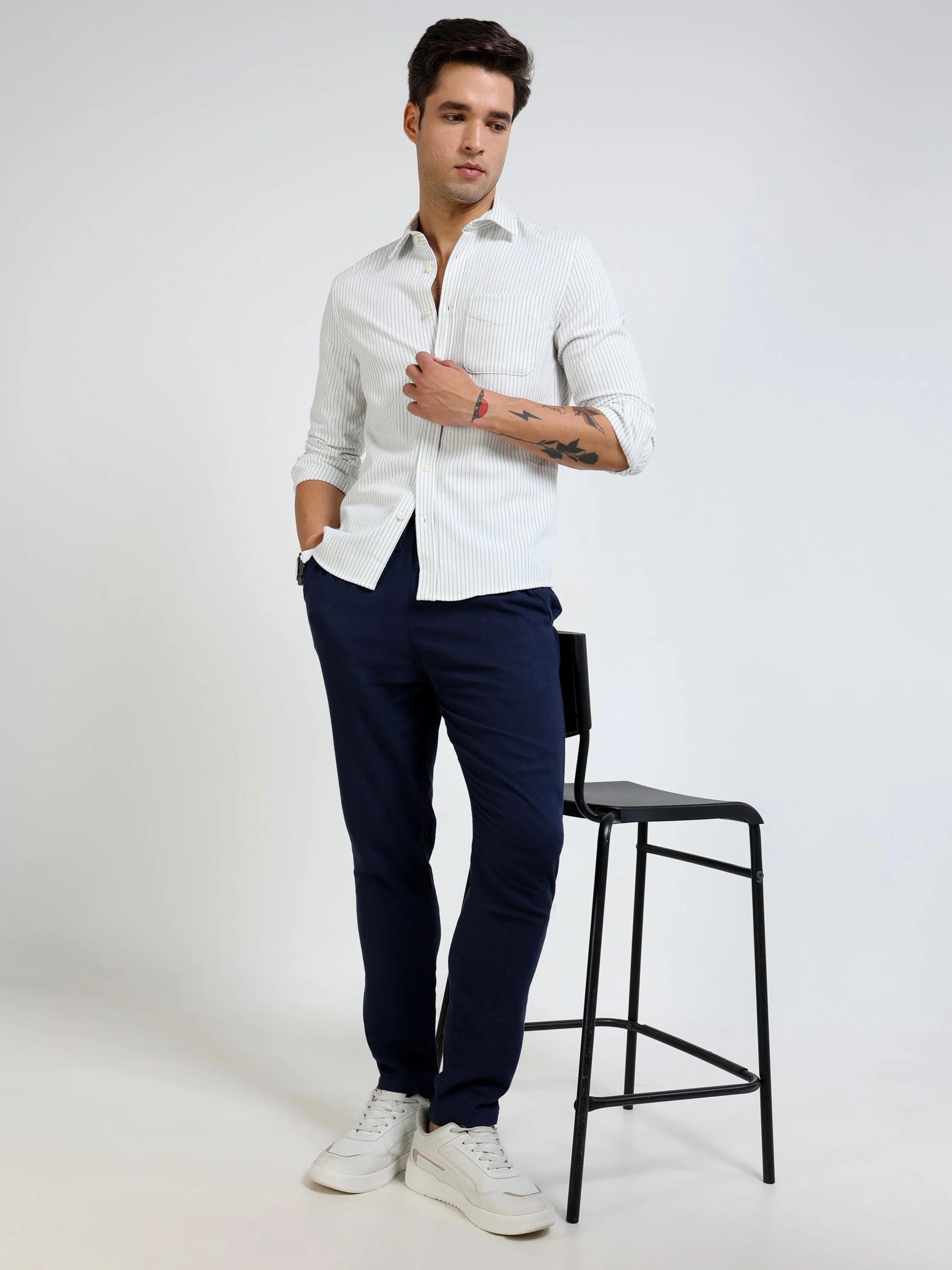 Men Green Pin Stripe Shirt - Image 2