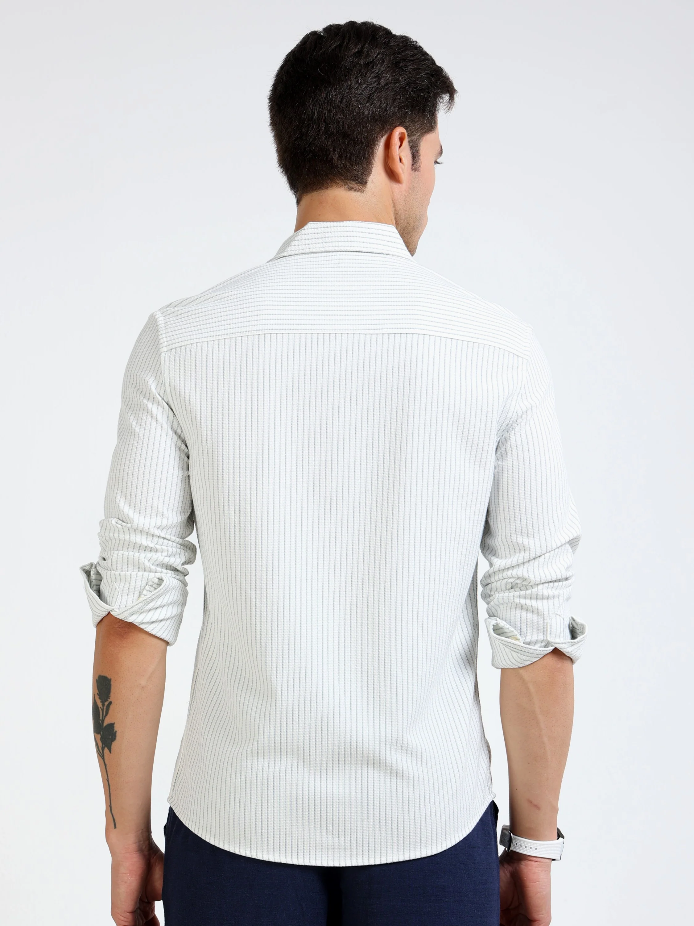 Men Green Pin Stripe Shirt - Image 4