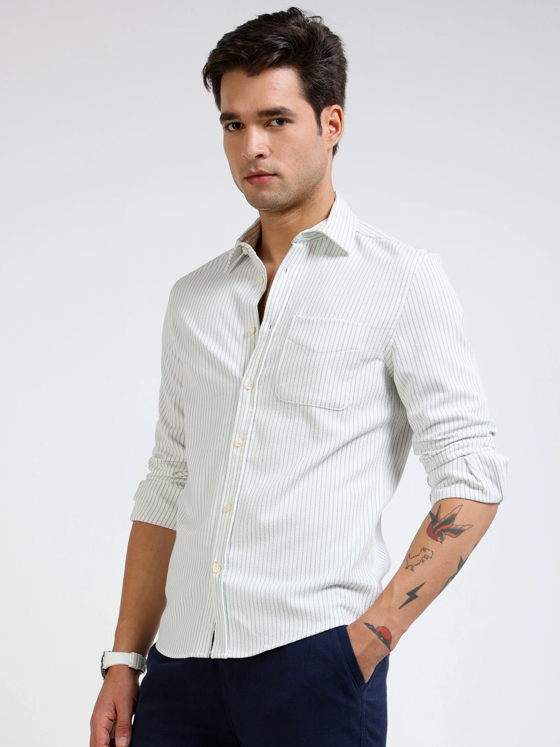 Men Green Pin Stripe Shirt - Image 5