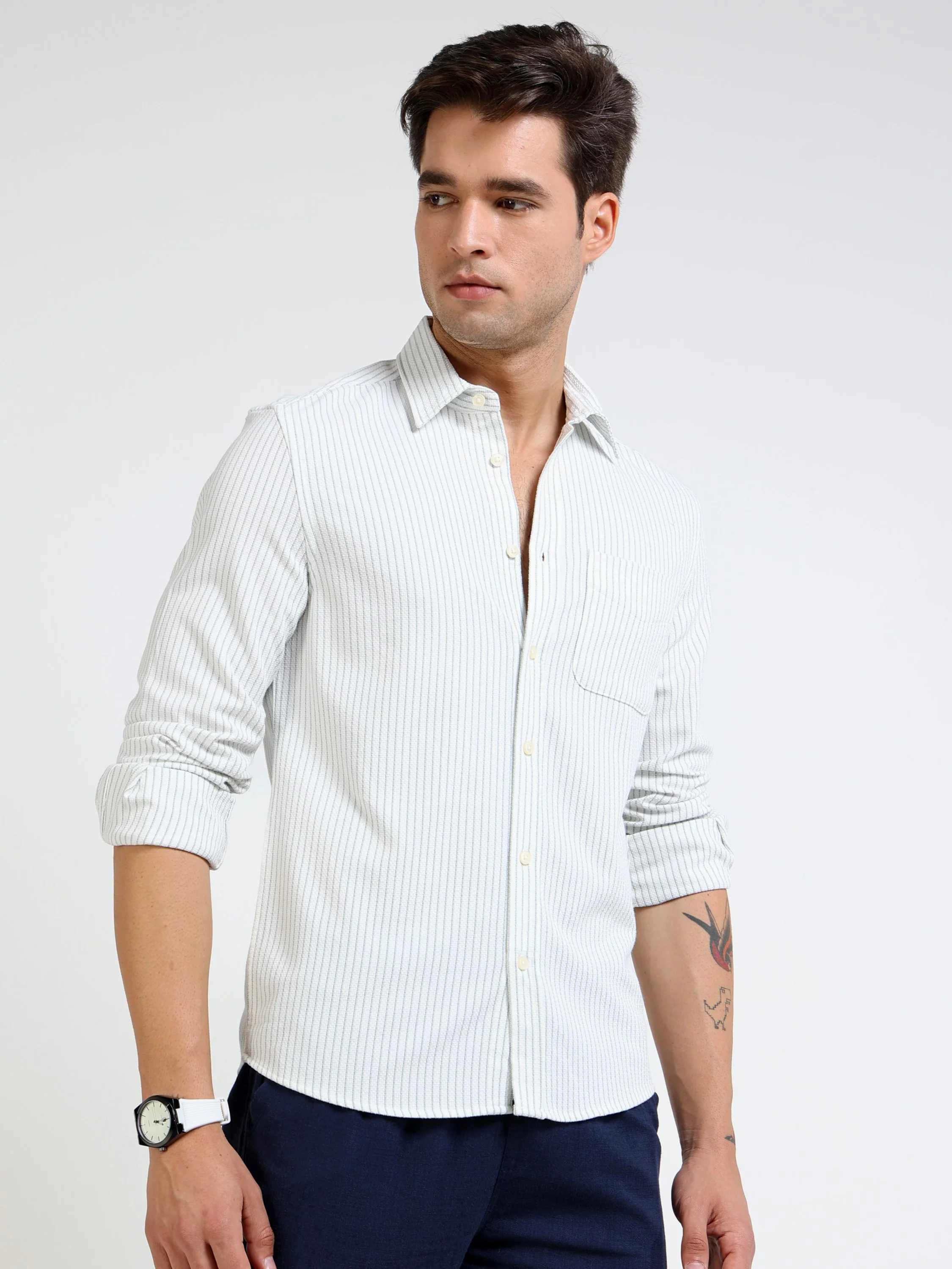 Men Green Pin Stripe Shirt - Image 6