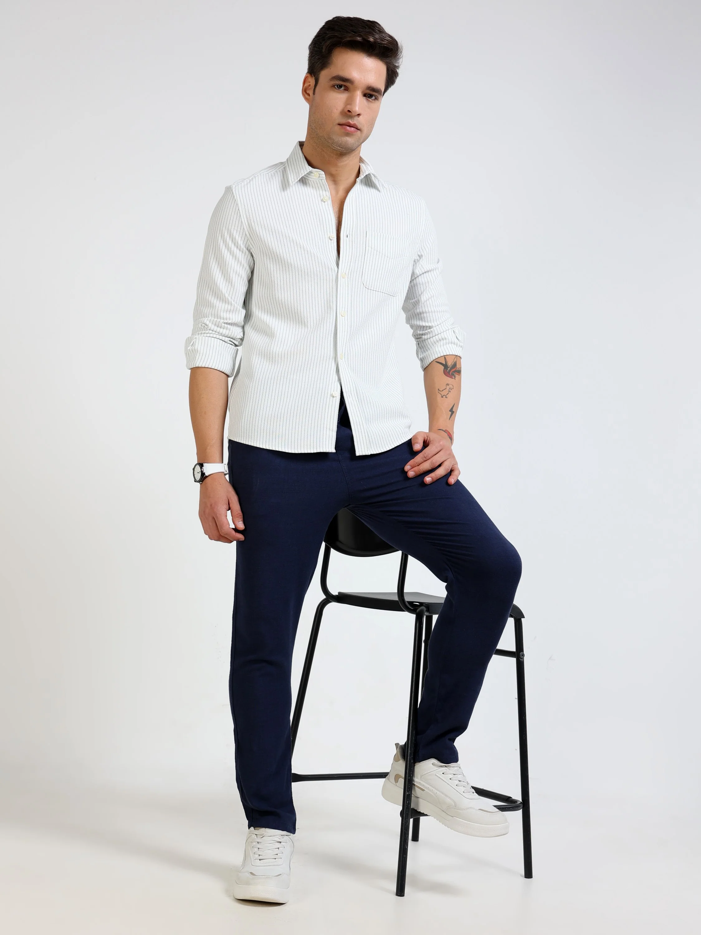 Men Green Pin Stripe Shirt - Image 7