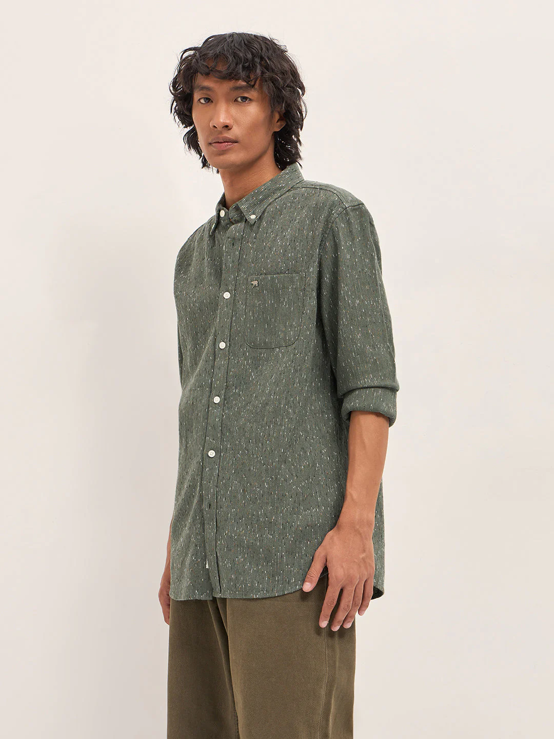 Men Green Woven Pattern Cotton Blend Slim Fit Casual Shirt - Image 3