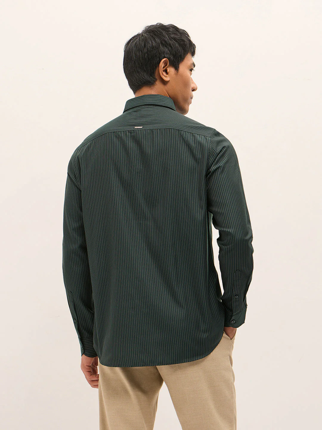 Men Green Woven Pin Stripe Design Tailored Fit Formal Shirt - Image 2
