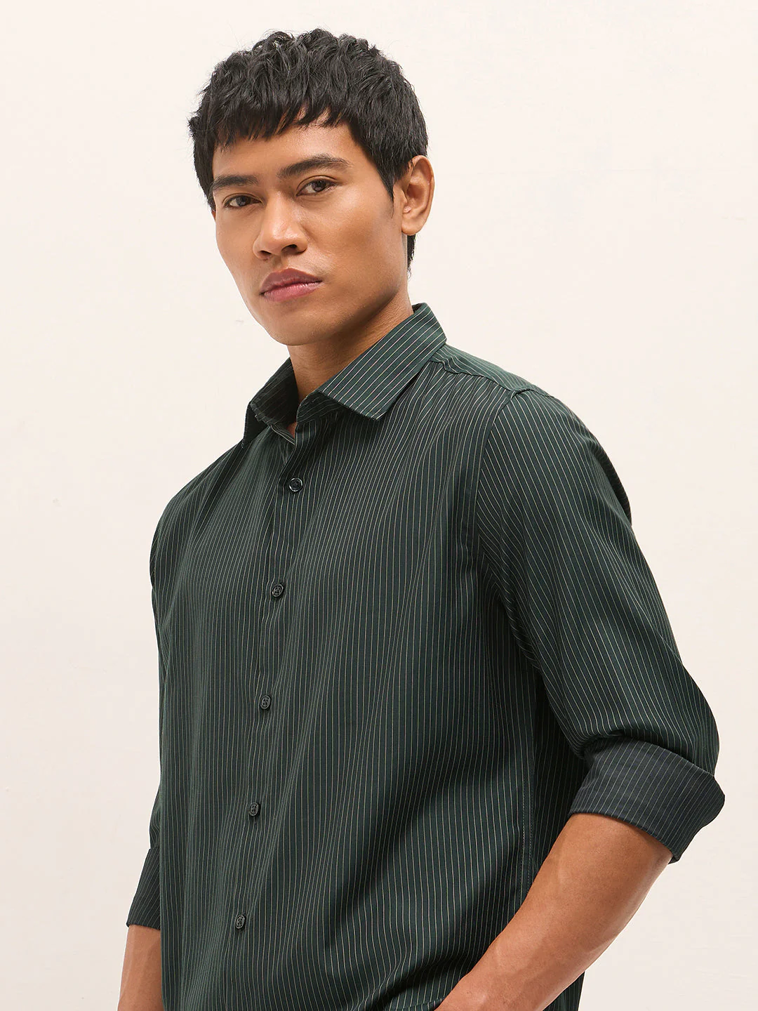 Men Green Woven Pin Stripe Design Tailored Fit Formal Shirt - Image 3