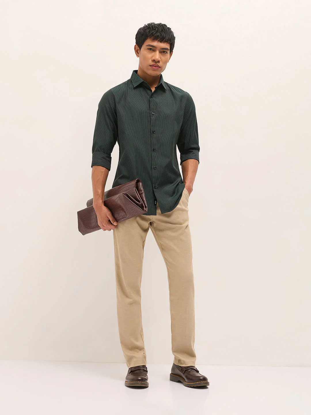 Men Green Woven Pin Stripe Design Tailored Fit Formal Shirt - Image 4