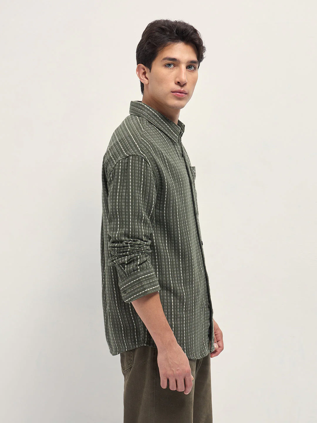 Men Green Woven Stripe Design Relaxed Fit Casual Shirt - Image 3