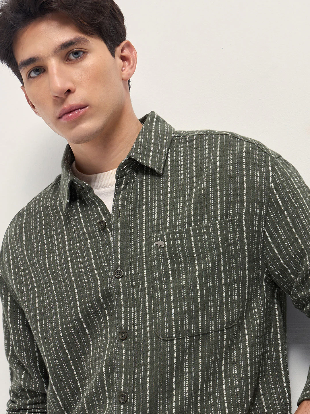 Men Green Woven Stripe Design Relaxed Fit Casual Shirt - Image 5