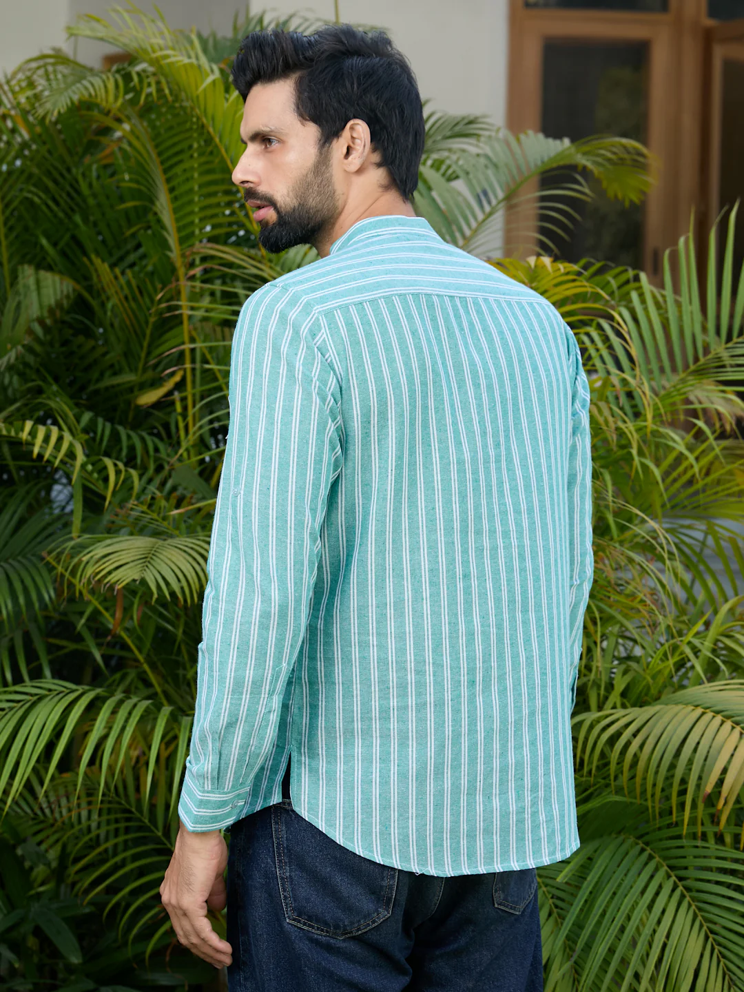 Men Green Woven Striped Cotton Short Kurta - Image 2